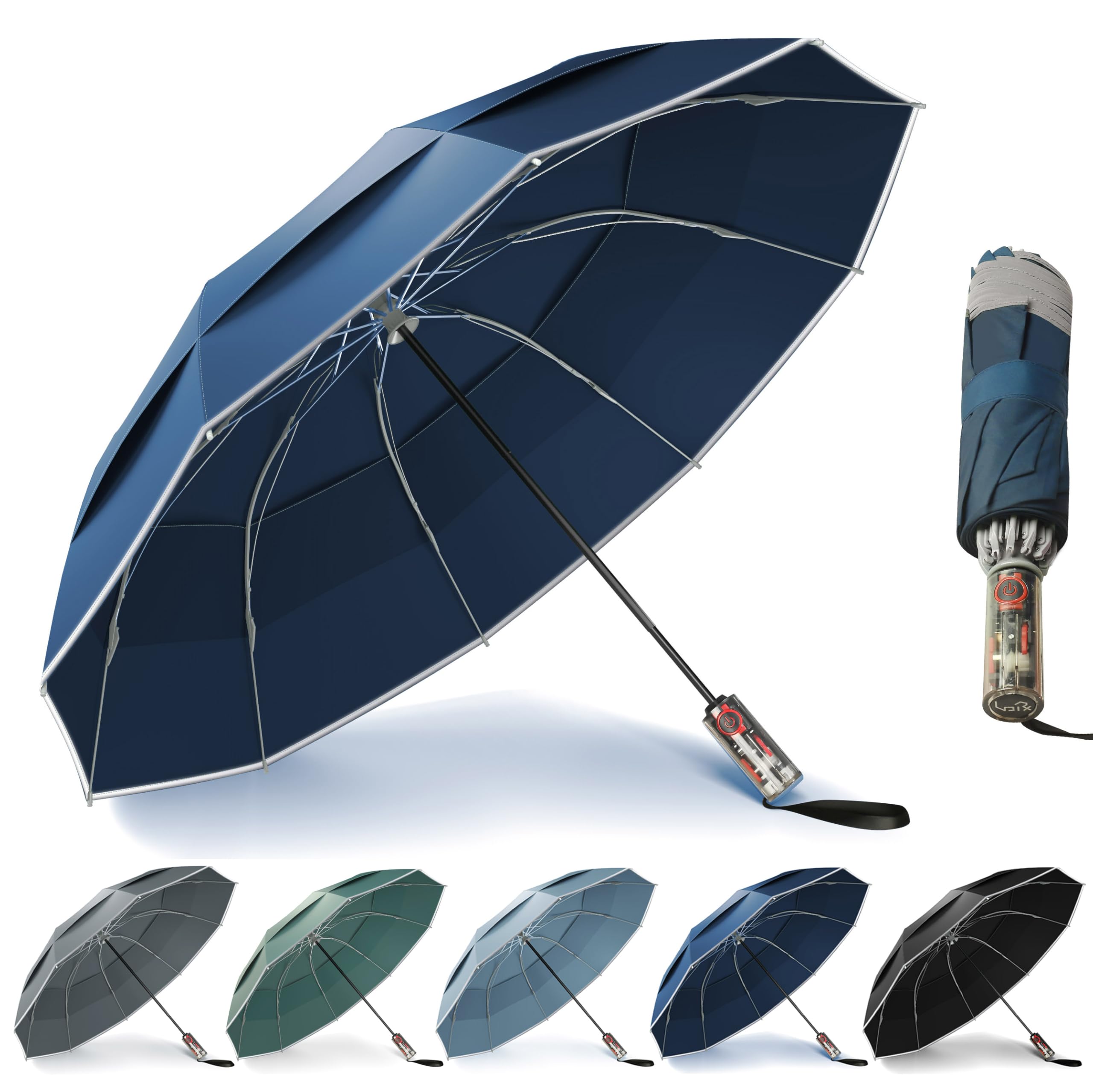 Urvoix Compact Golf Umbrellas Windproof, Travel Umbrella for Rain, 10 Ribs Aluminum Alloy & Fiberglass w/Reflective Stripe, Double Canopy Automatic