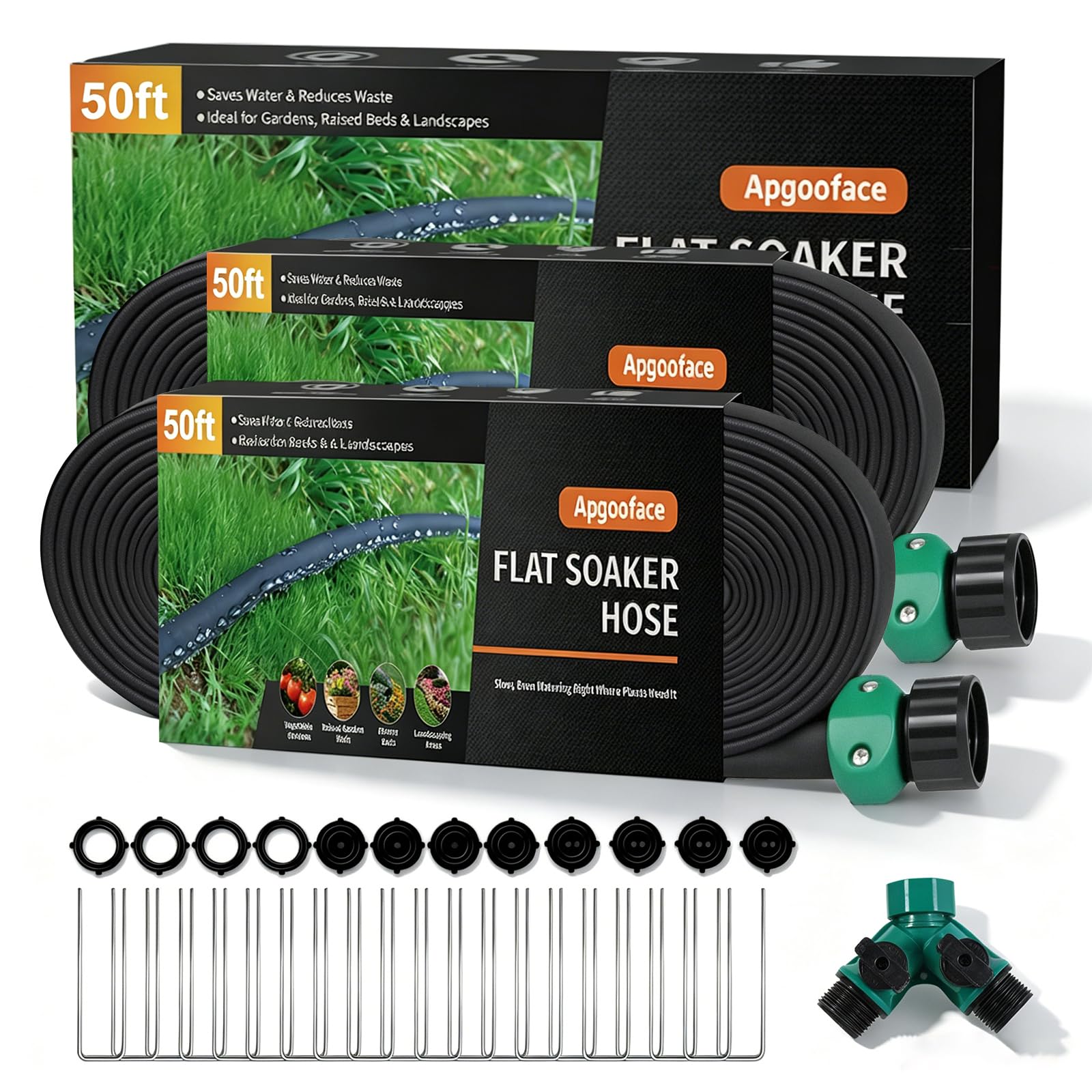 Flat Soaker Hose 50 ft 2-Pack with Splitter, 80% Water-Saving Drip Irrigation Hose 100 ft, Linkable DIY Garden Soaker Hose System for Garden Beds, Lawn, Vegetables & Trees (50ft 2-pack)