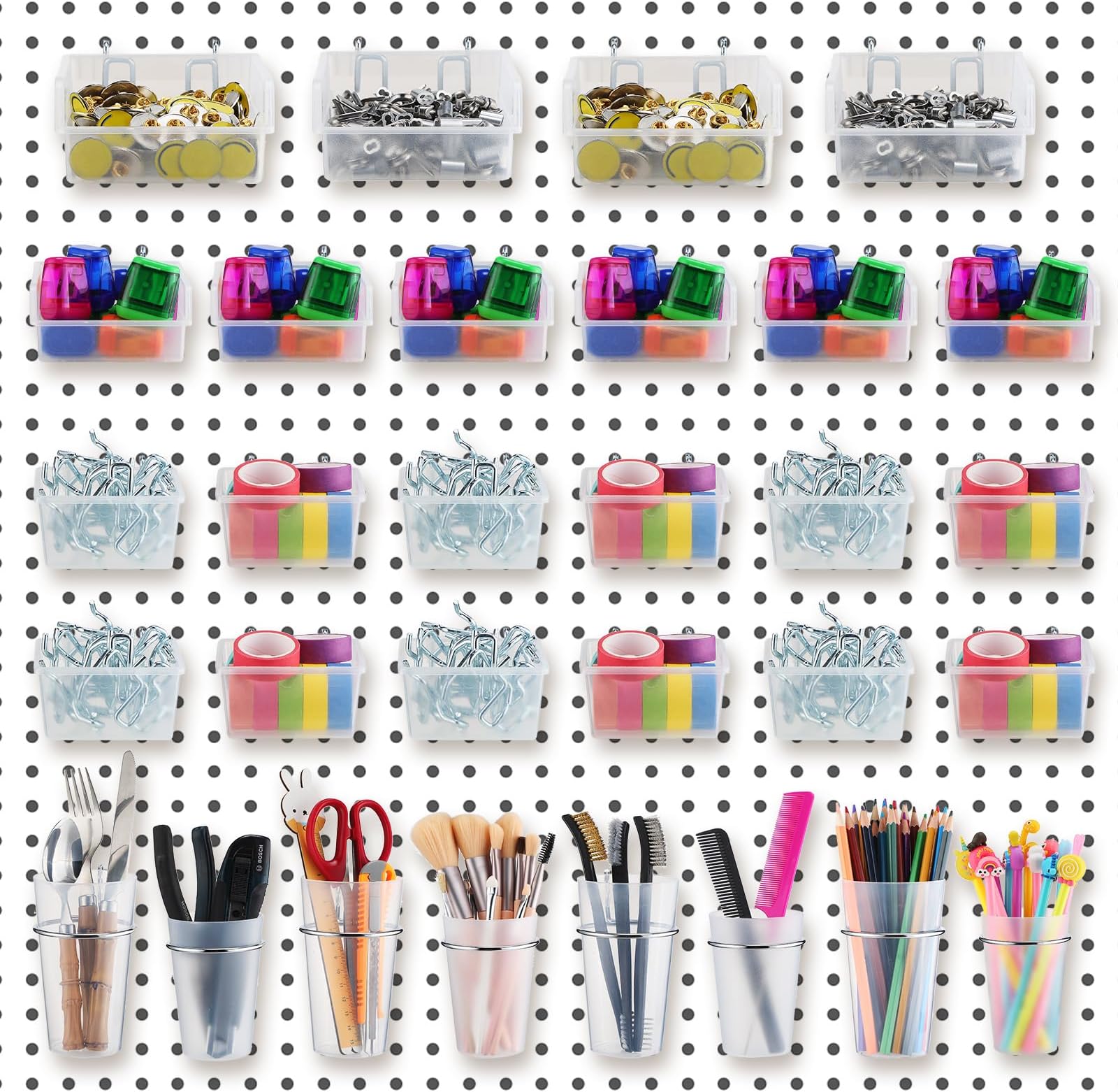 Roowest 30 Pack Pegboard Cups Clear Pegboard Bins Set, Pegboard Wall Organizer with Hooks and Loops, Peg Hooks Assortment Organizer Accessory for Garage Craft Workshop Office Storage