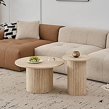 Set of 2 Round Stackable Coffee Tables with Cylindrical Base; Modern Coffee Table with MDF Top and Wooden Slatted Base (Yellow/Travertine Texture)