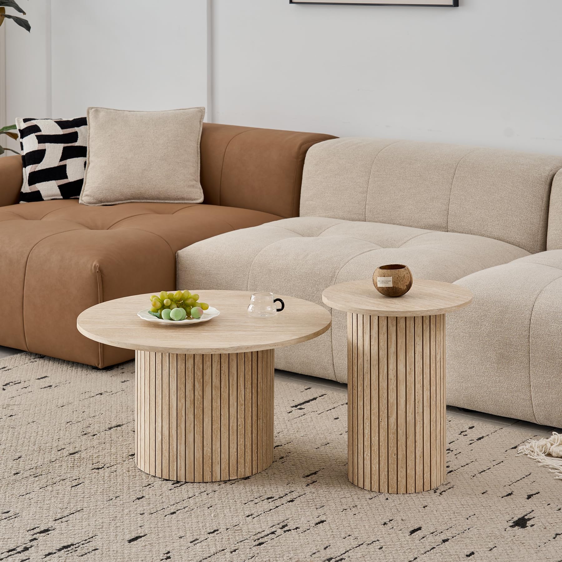 2er-Set runder Couchtische, Modernes Geriffeltes Trommel-Couchtisch-Set für Wohnzimmer, Schlafzimmer, Balkon und Büro (Travertin-Maserung, Hellgelb)