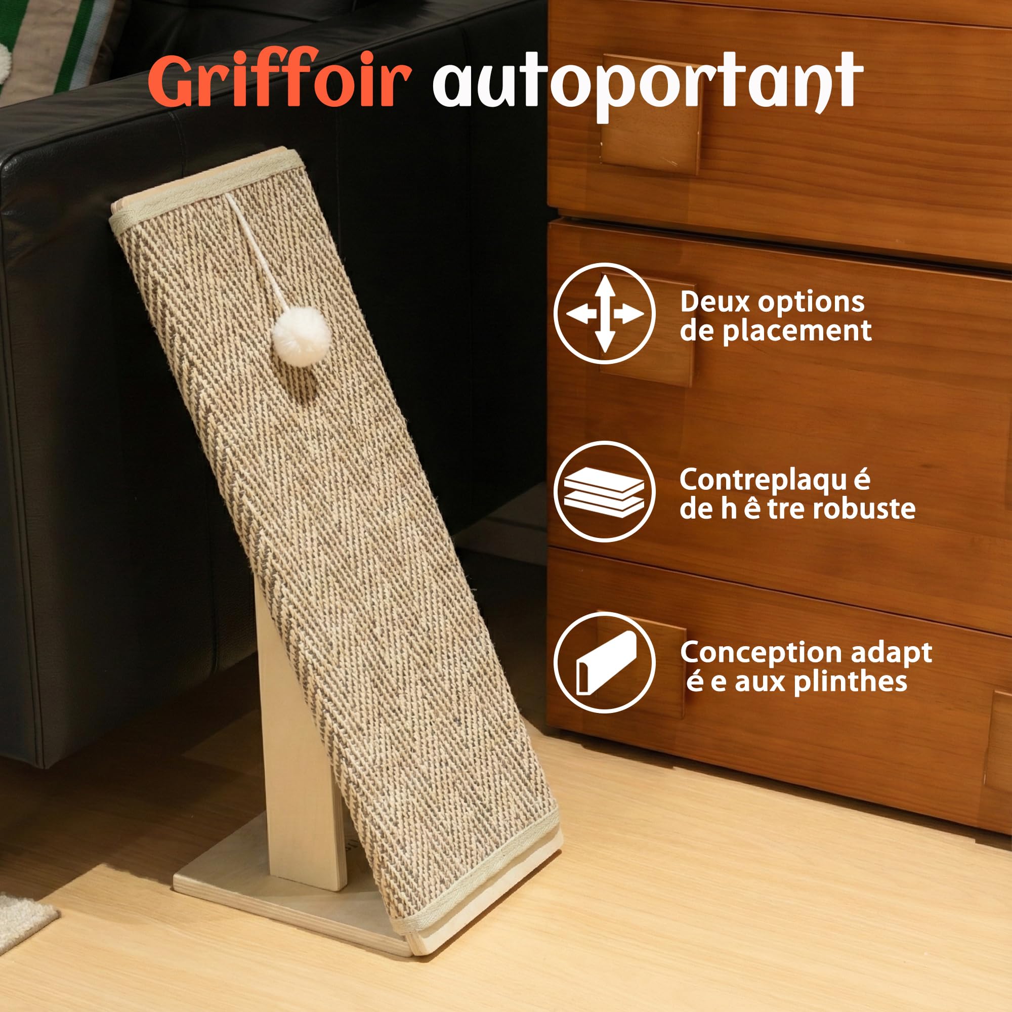 PETKARAY Griffoir chat de 65 cm de haut, avec rampe, meuble griffoir robuste en forme de L comme protection de meubles, griffoir pour chat intérieur, motif chevron