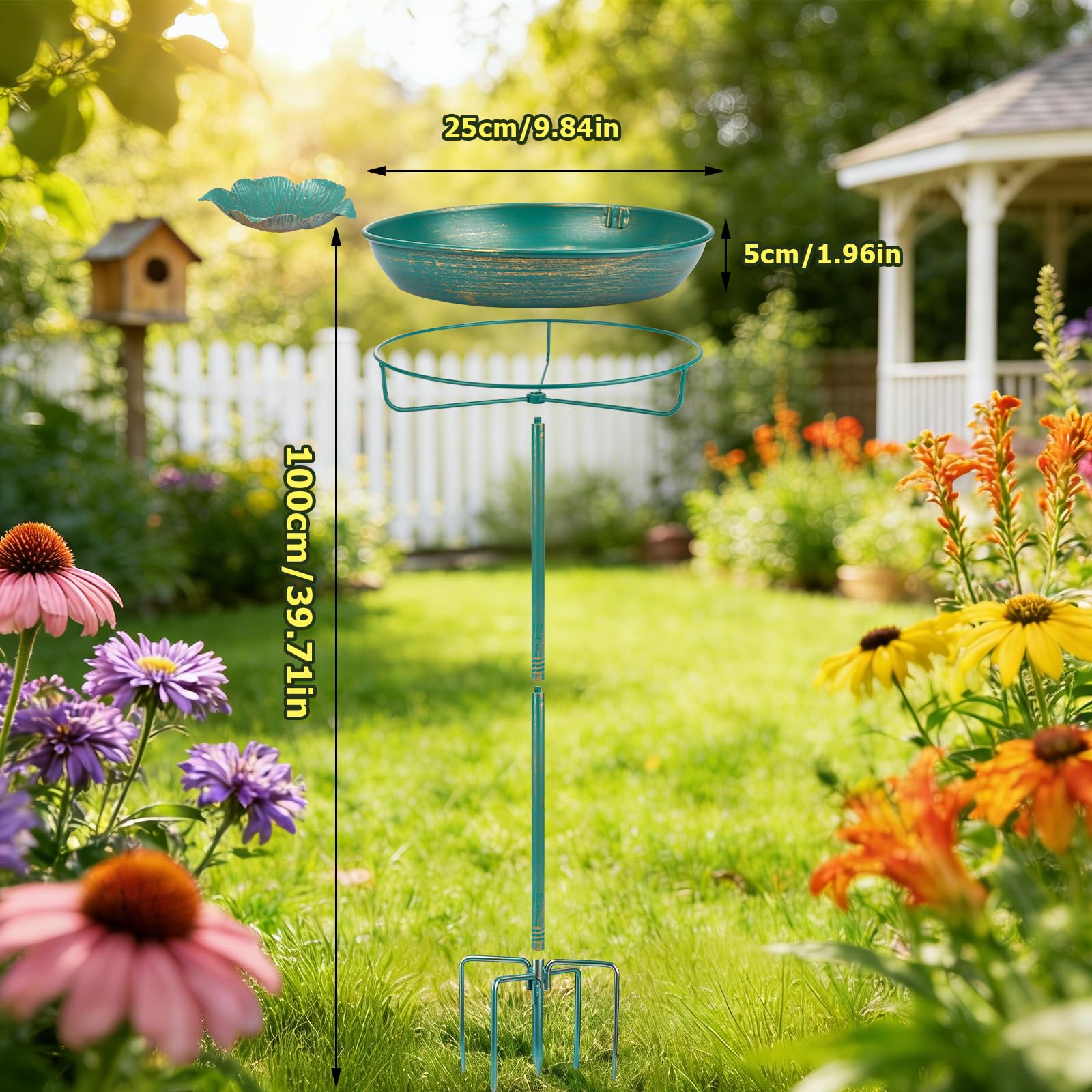 Mellbree Metal Bird Bath for Outside, 10" Dia 39" H Lake Blue with Gold Gilding, Freestanding with Perch & Feeder Bowl, Multi-Functional for Garden Patio Yard Lawn Outdoor Decor - image 8