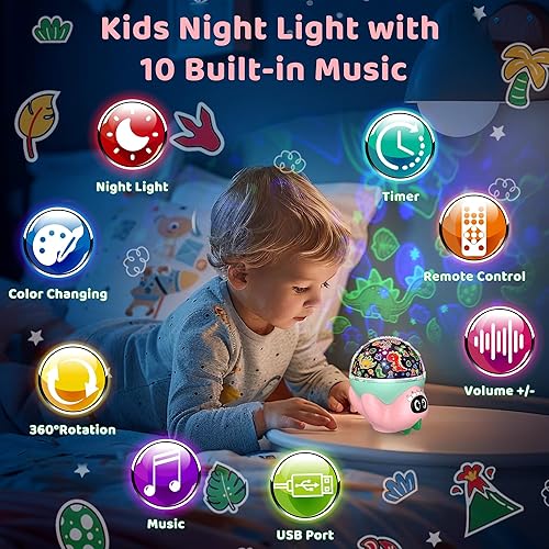 Miniatura 2 de Proyector de luz nocturna de dinosaurio para habitación de niños, lámpara de dinosaurio para niño y niña con 10 música relajante y temporizador,