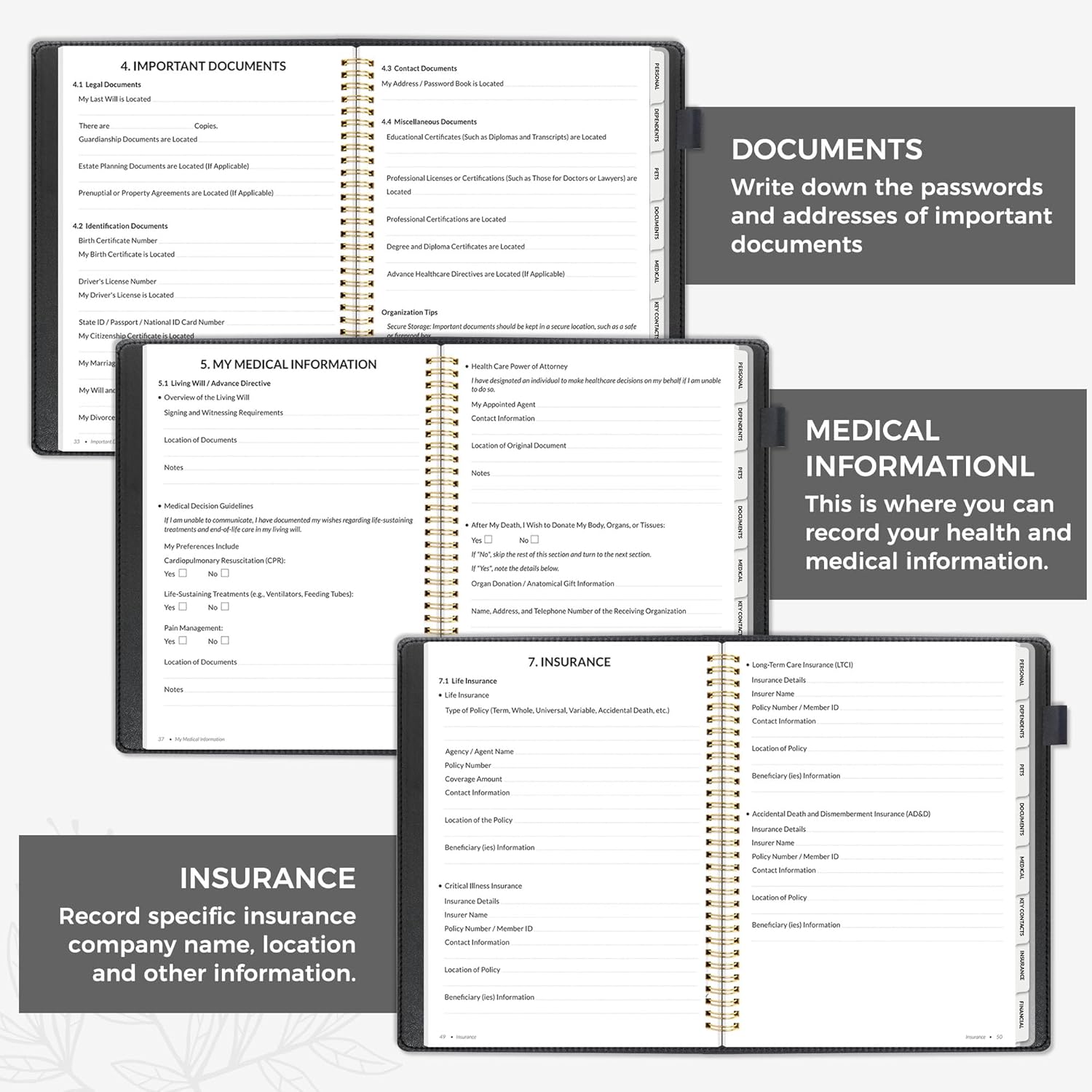 SUNEE End of Life Planner - I‘m Dead Now What Planner, Large Print Spiral-Bound Estate Organizer with Tabs for Seniors & Family. Covers Final Wishes, Passwords & Funeral Planning.A4(9"x11.2"),Black - Image 5