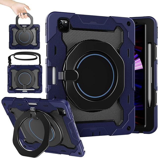 ROISKIN For iPad Pro 12.9 Case (2022/2021/2020,6th/5th/4th/Generation) with Screen Protector,Military Full Body Protective with Rotating Stand/Shoulder Strap/Pencil Holder For iPad 12.9 inch Case,Blue