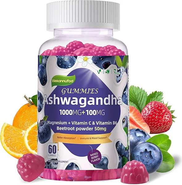 Wekannufod Ashwagandha Gummies 1000mg & Vitamin D3 Gummies 60 Count Organic Root Extract Stress Relief Sleep Support(Non-GMO, Sugar Free & Gluten Free)