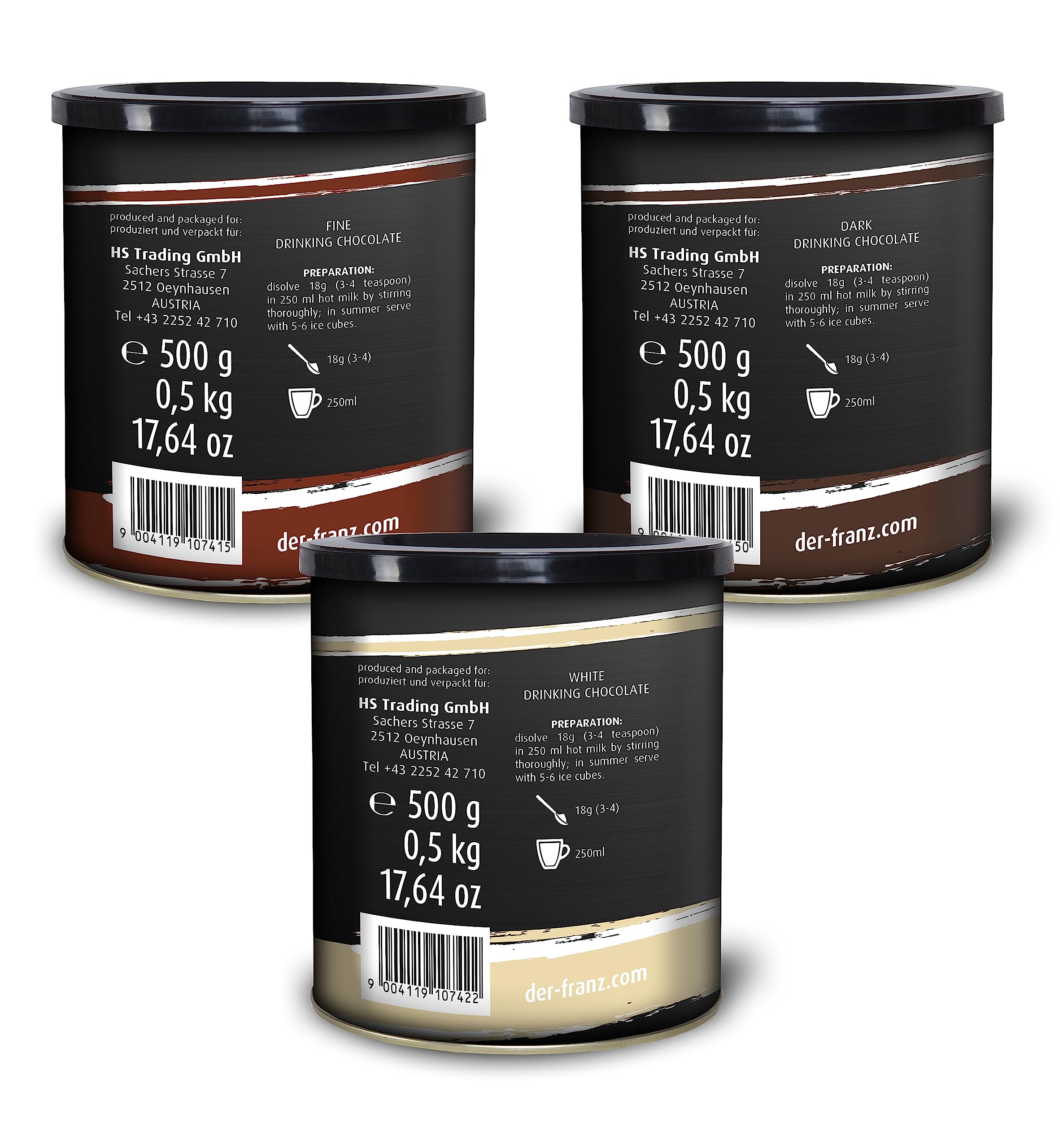 Der-Franz Hot Chocolate Mix Bundle - 2x Feine Trinkschokolade, 2x Weiße Trinkschokolade, 2x Dunkle Trinschokolade, 6 x 500g
