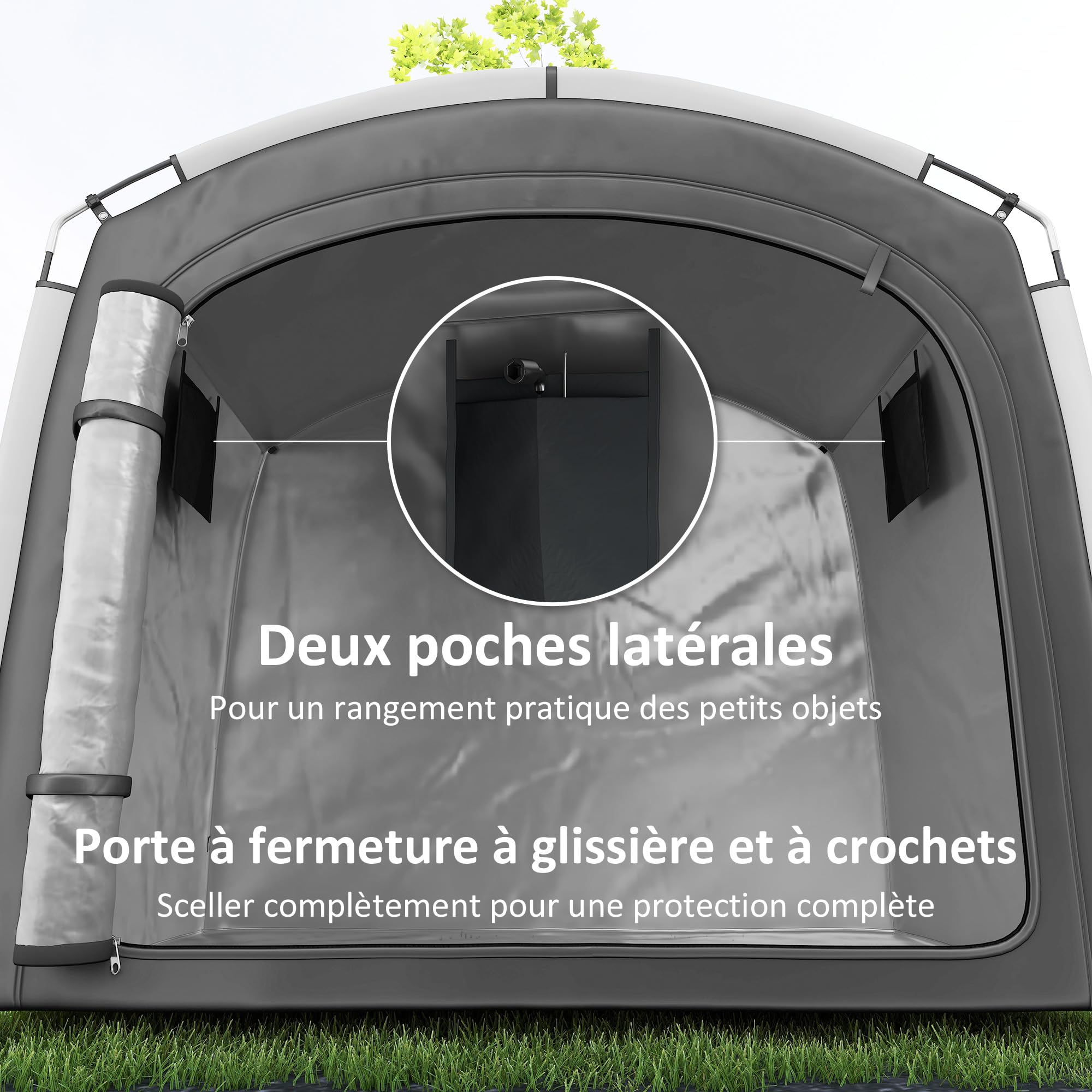 Outsunny Tienda para Guardar Bicicletas en el Exterior, cobertizo portátil para 3-4 Bicicletas con 2 Bolsillos Laterales, 205 x 140 x 188 cm, Gris Oscuro