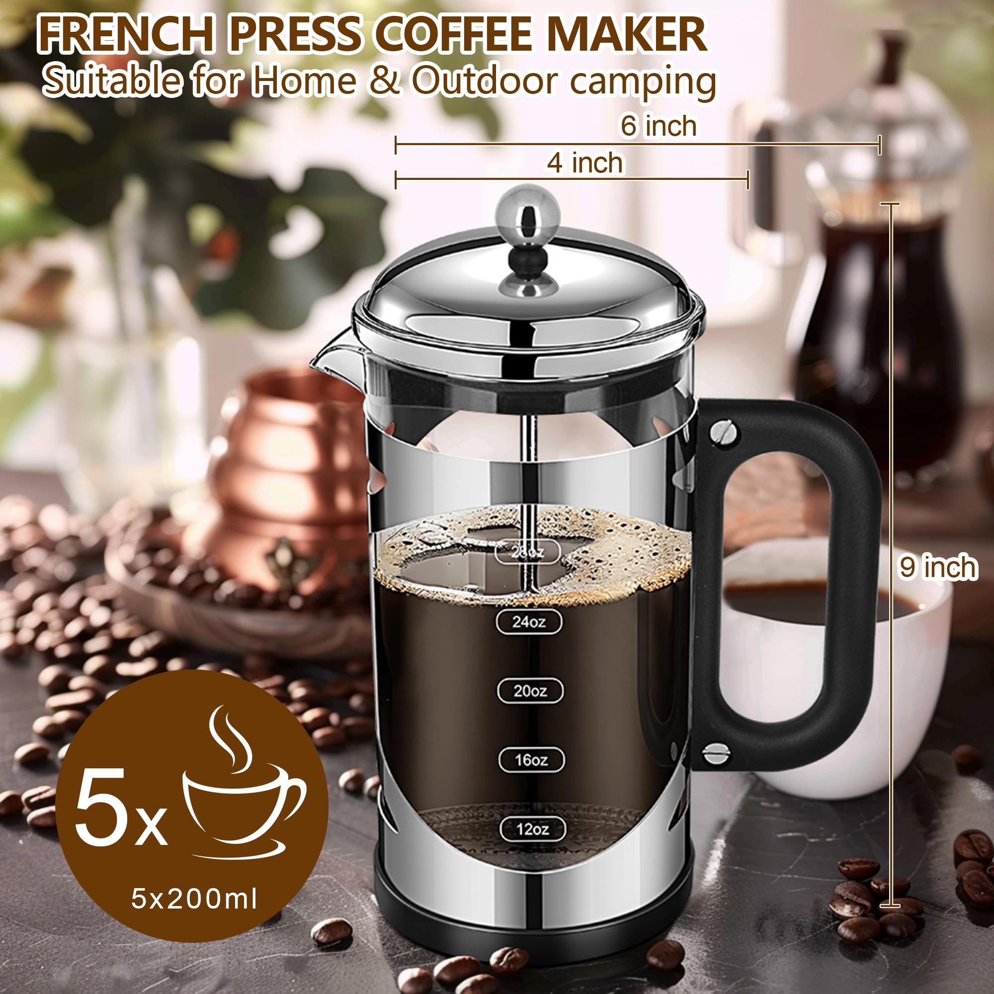 YMMIND Cafetera de prensa francesa de 34 onzas, prensa de café de acero inoxidable cromado, con sistema de filtro de 4 niveles, vidrio de borosilicato de grosor resistente al calor, cafetera preparada