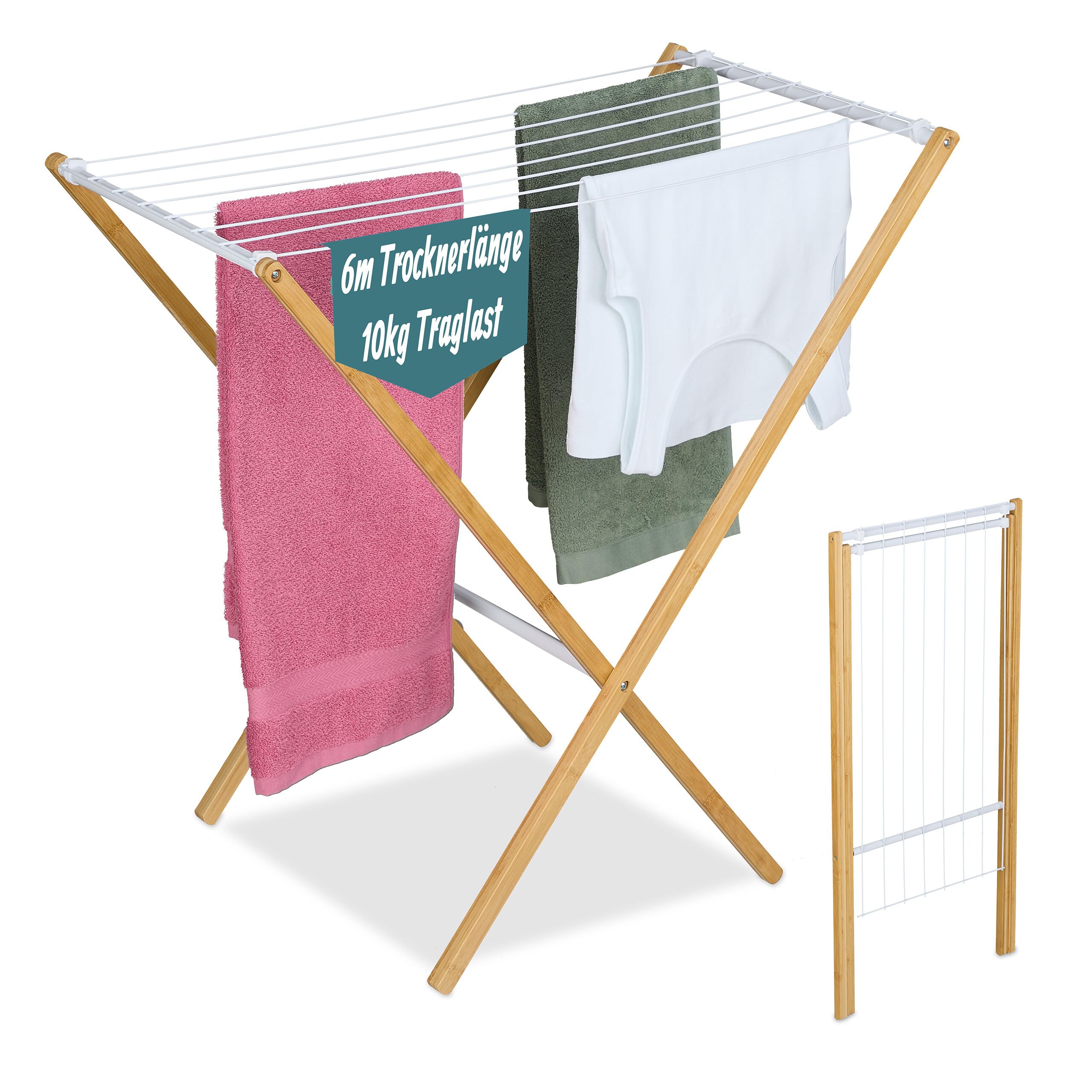 Relaxdays folding clothes airer, 8 rails, HxWxD: 77 x 79 x 49 cm, bamboo, metal, freestanding drying rack, natural/white