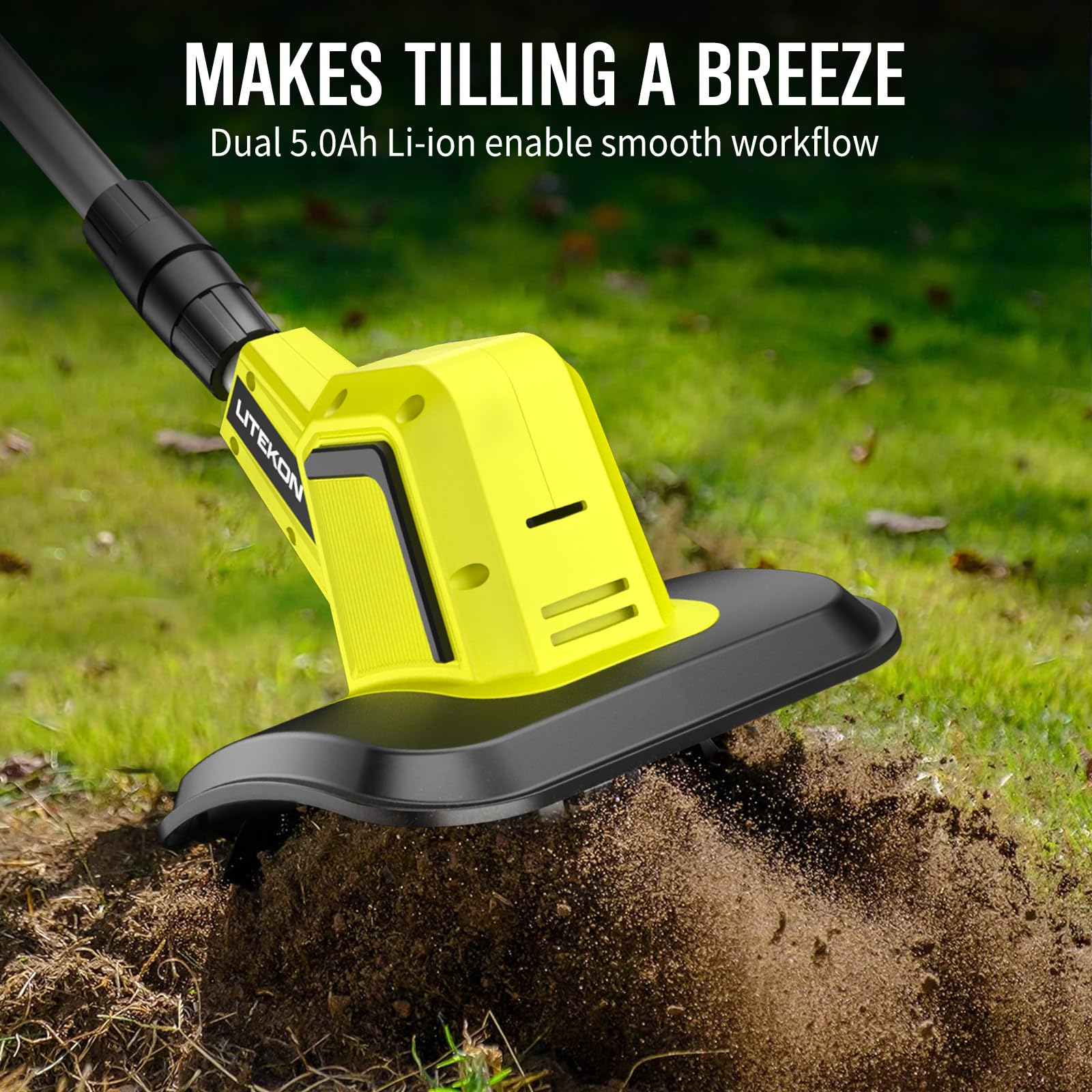 Cultivador inalámbrico con 2 baterías de 5000 mAh, cultivador eléctrico de jardín de alta potencia de 360 rpm, ancho de labranza de 9 pulgadas y 6.6 pulgadas de profundidad, 20 V para jardinería