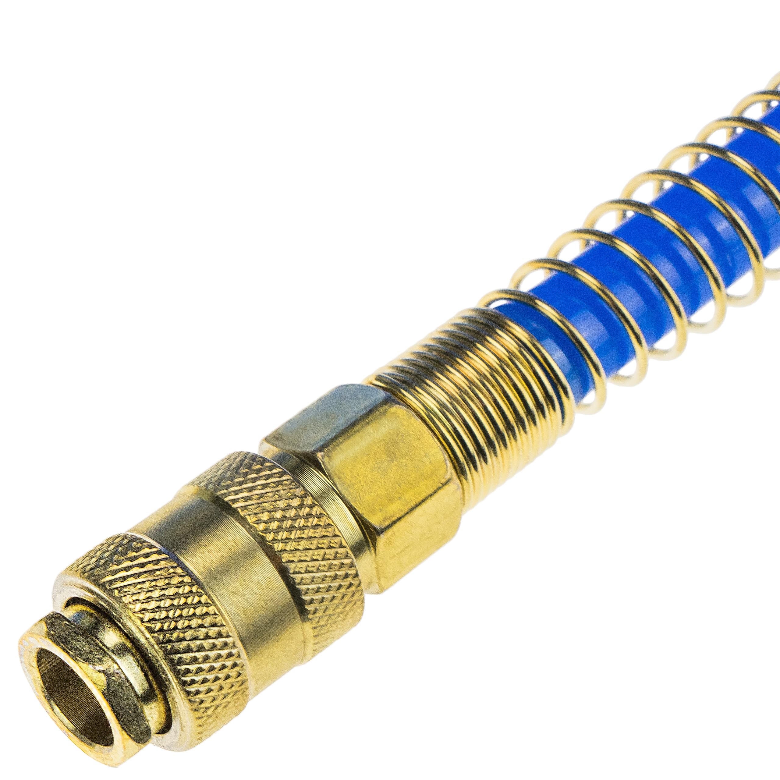 Druckluft Spiralschlauch SP-PU 15 m, Druckluftschlauch 10/14mm aus PU, max. Druck 10 Bar, mit Knickschutz und Schnellkupplung, geeignet für pneumatische Werkzeuge