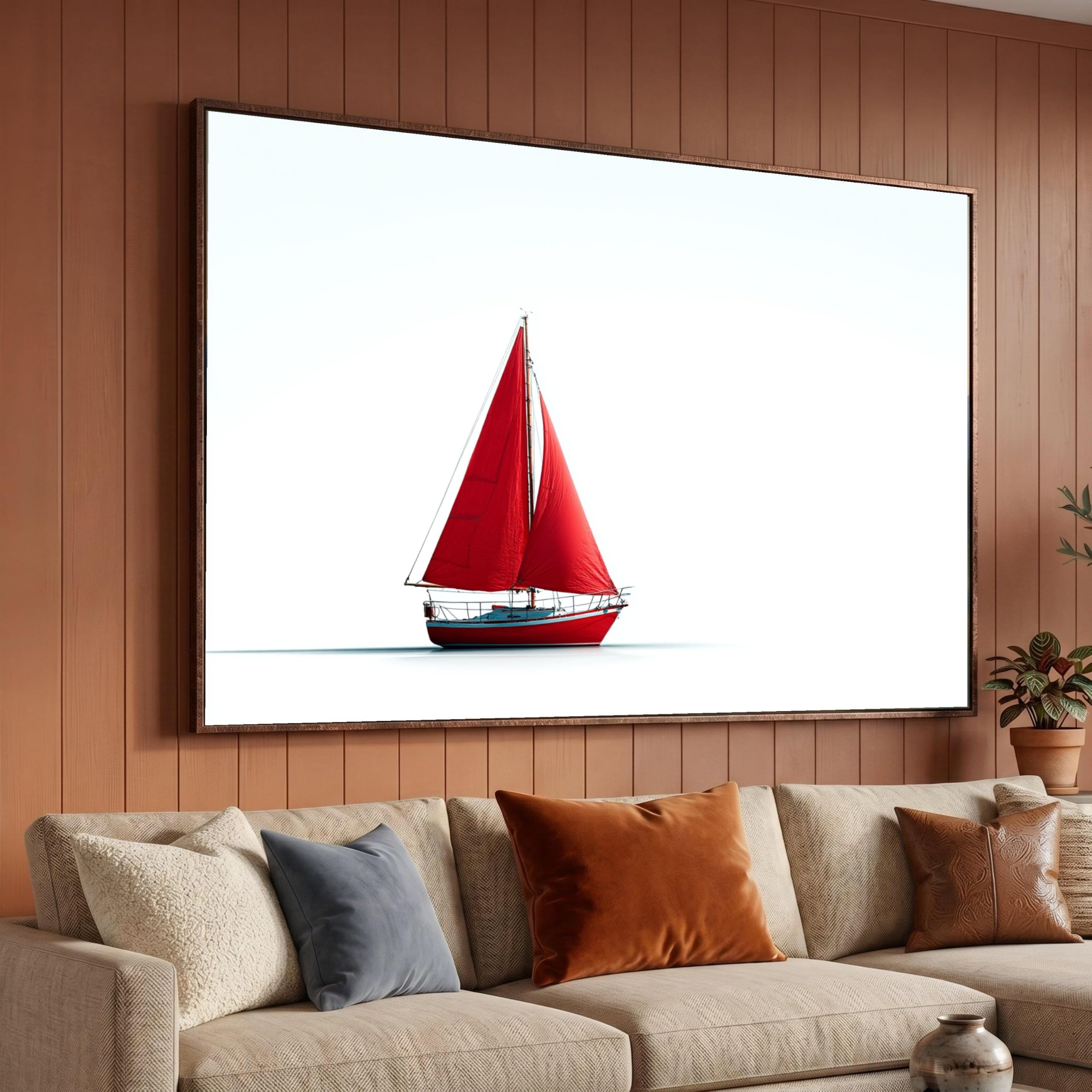 LMYCHENG Red Sailboat Canvas Wall Art, Minimalist Nautical Decor, Sailing Boat Illustration, Marine Canvas Print, Coastal Painting(70x110cm/Frameless)