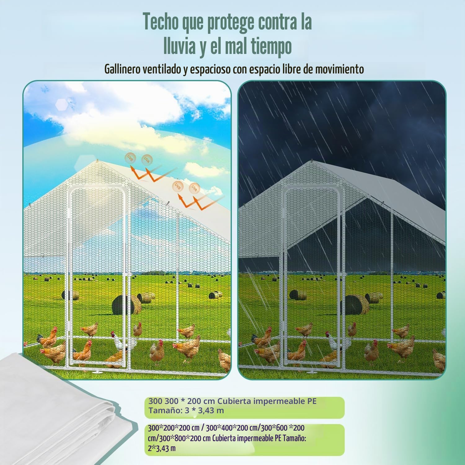 Gallinero con área libre, 3x2x2m Jaulas de metal para animales pequeños con cerradura de seguridad y cubierta impermeable para salida de gallinas, área libre para gallinas, pajarera, plantas