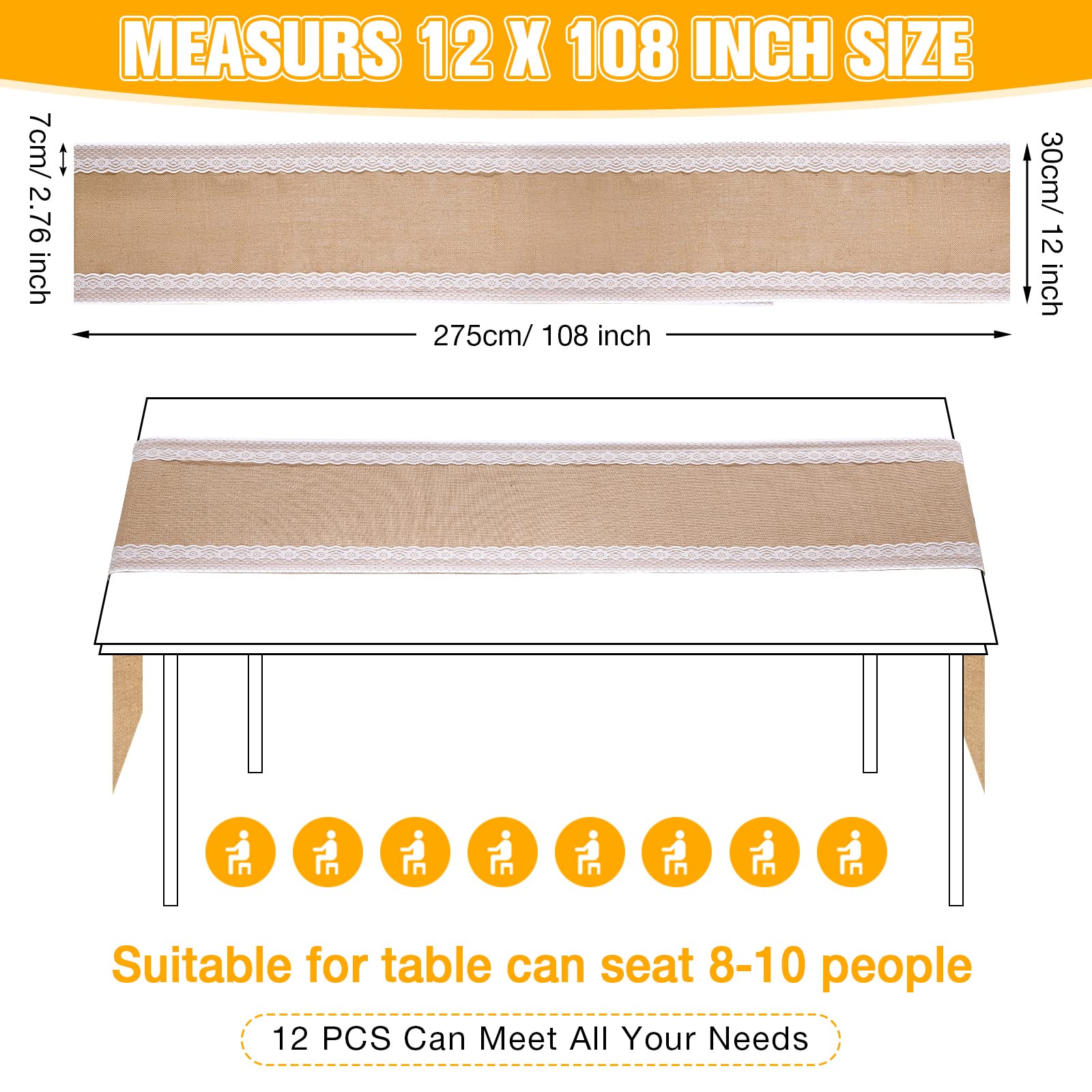 12 Pcs Burlap Table Runners 12 x 108 Inches White Lace Table Runner Rustic Country Wedding Decor Vintage Romantic Table Cloth Party Favors for Birthday Engagement Hotel Home Table Decor (Fresh)