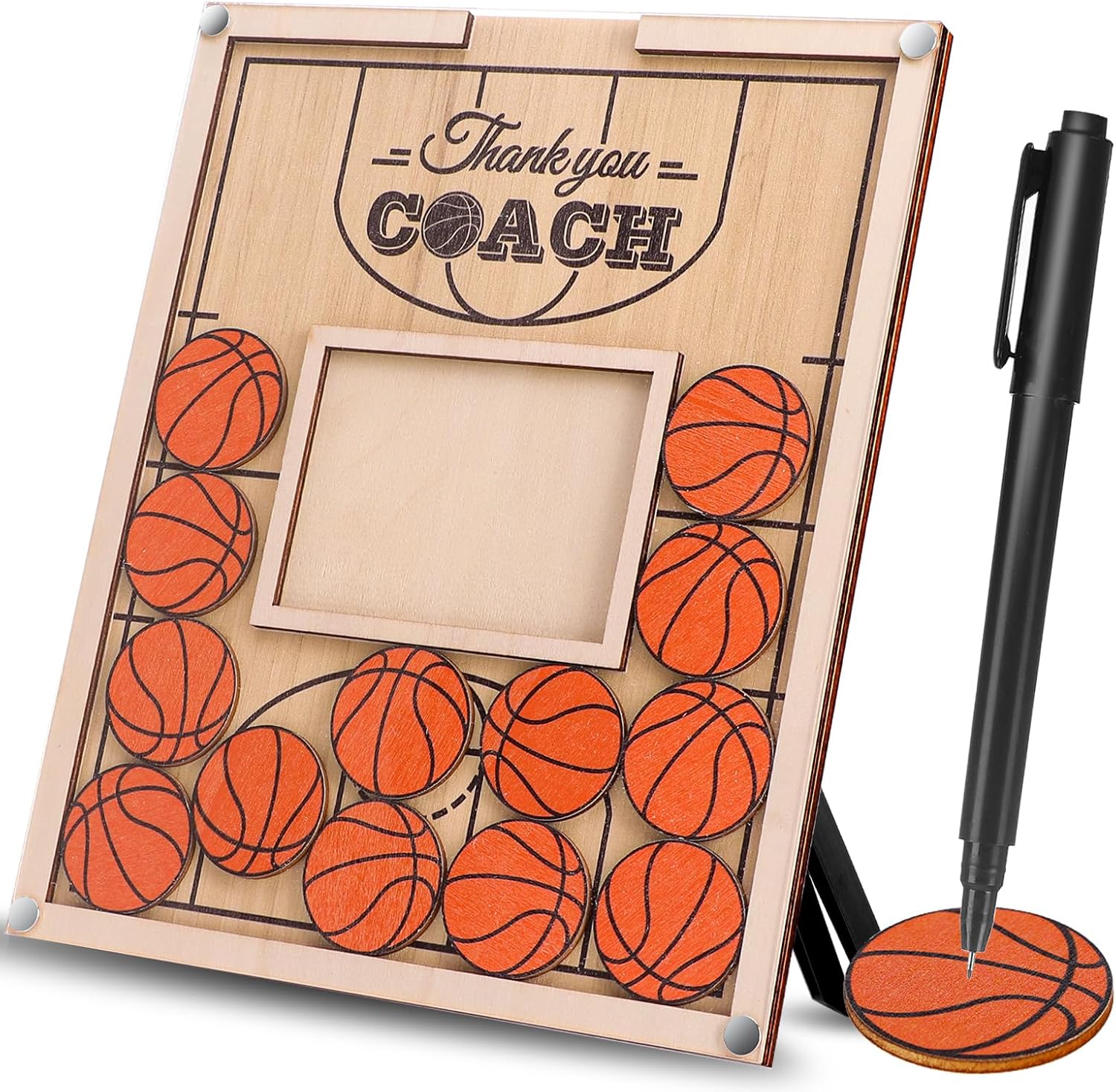 Basketball Frame Coach Gift with 15 Wood Chips Signature Pen Graduation Hanging Tabletop Coach Frame Gifts Basketball Plate Plaque for Coaches Thank You Gift