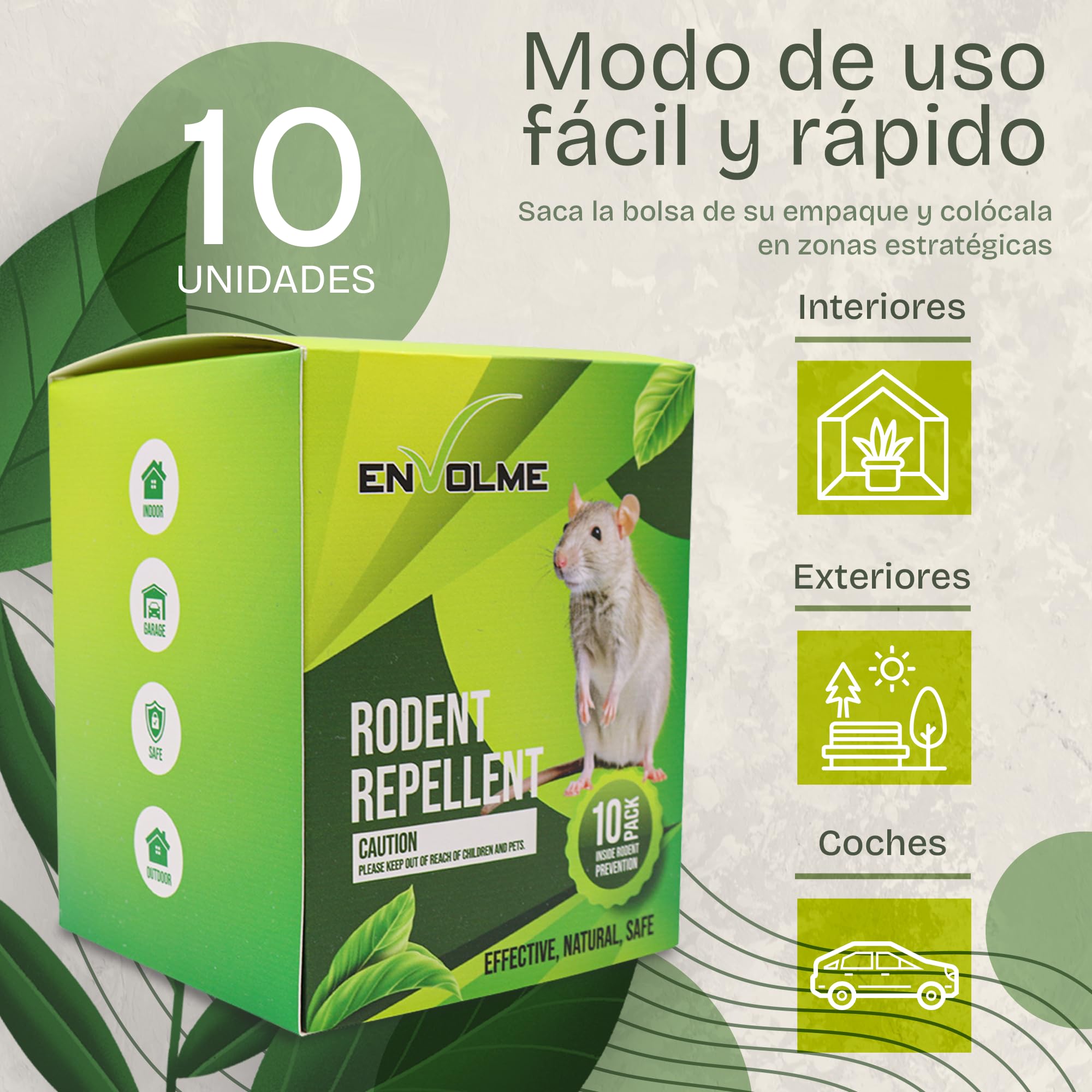 Repelente Ratas y Ratones - Ahuyentador de Ratas y Ratones - hasta 6 Meses de duracion - 10 Bolsas para Interiores y Exteriores Eficaz. Cuidado con el Medio Ambiente No Tóxico