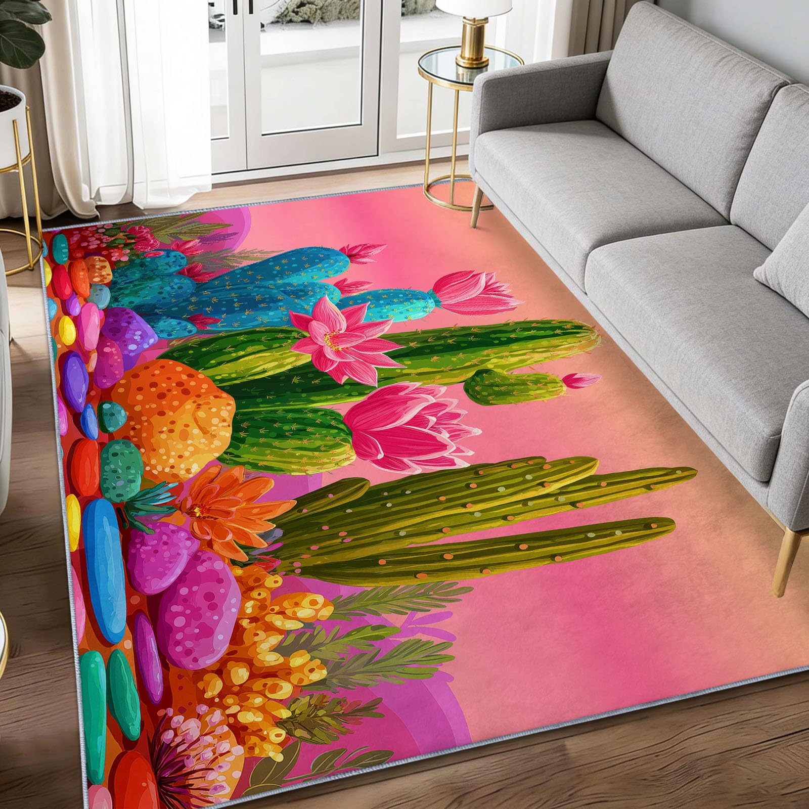 Area Rugs - Alfombra antideslizante lavable con diseño de flores de cactus de 140 x 200 cm, alfombra antideslizante para dormitorio, sala de estar, alfombra de suelo de pelo corto que no se desprende