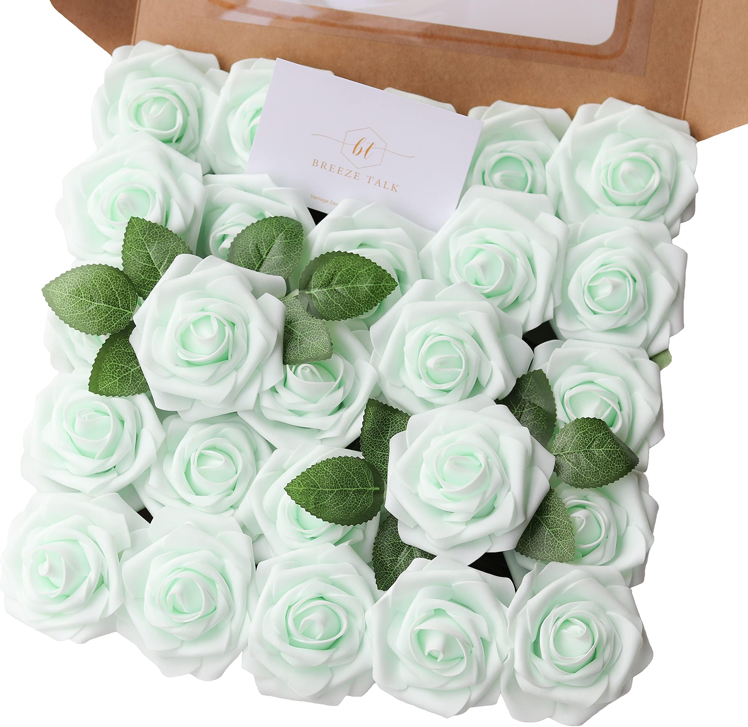 Breeze Talk Artificial Flowers 25pcs Mint Green Roses Realistic Fake Roses w/Stem for DIY Wedding Bouquets Centerpieces Arrangements Party Baby Shower Home Decorations(Mint Green, 25)