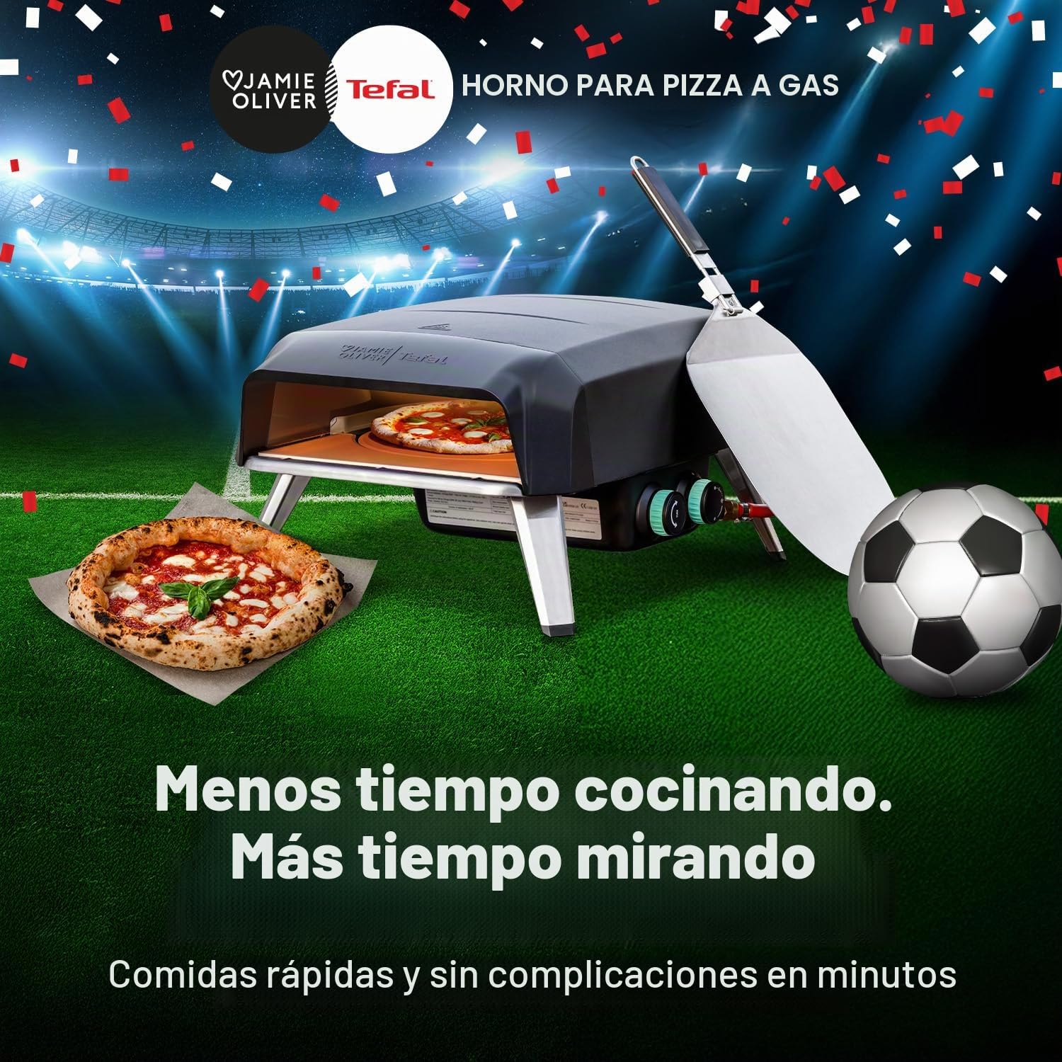Jamie Oliver by Tefal - Horno de pizza de piedra giratorio a gas, máquina de pizza casera, para exteriores, piedra giratoria interior de 360 grados, pelar, conector de gas JM4168G0