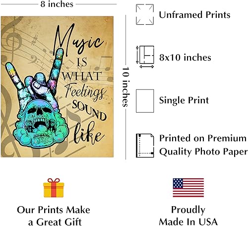 Miniatura 2 de "Music Is What Feelings Sound Like" Rock N Roll Quotes Wall Art -8 x 10" Retro Music Notes Skull Print -Ready to Frame. Motivational