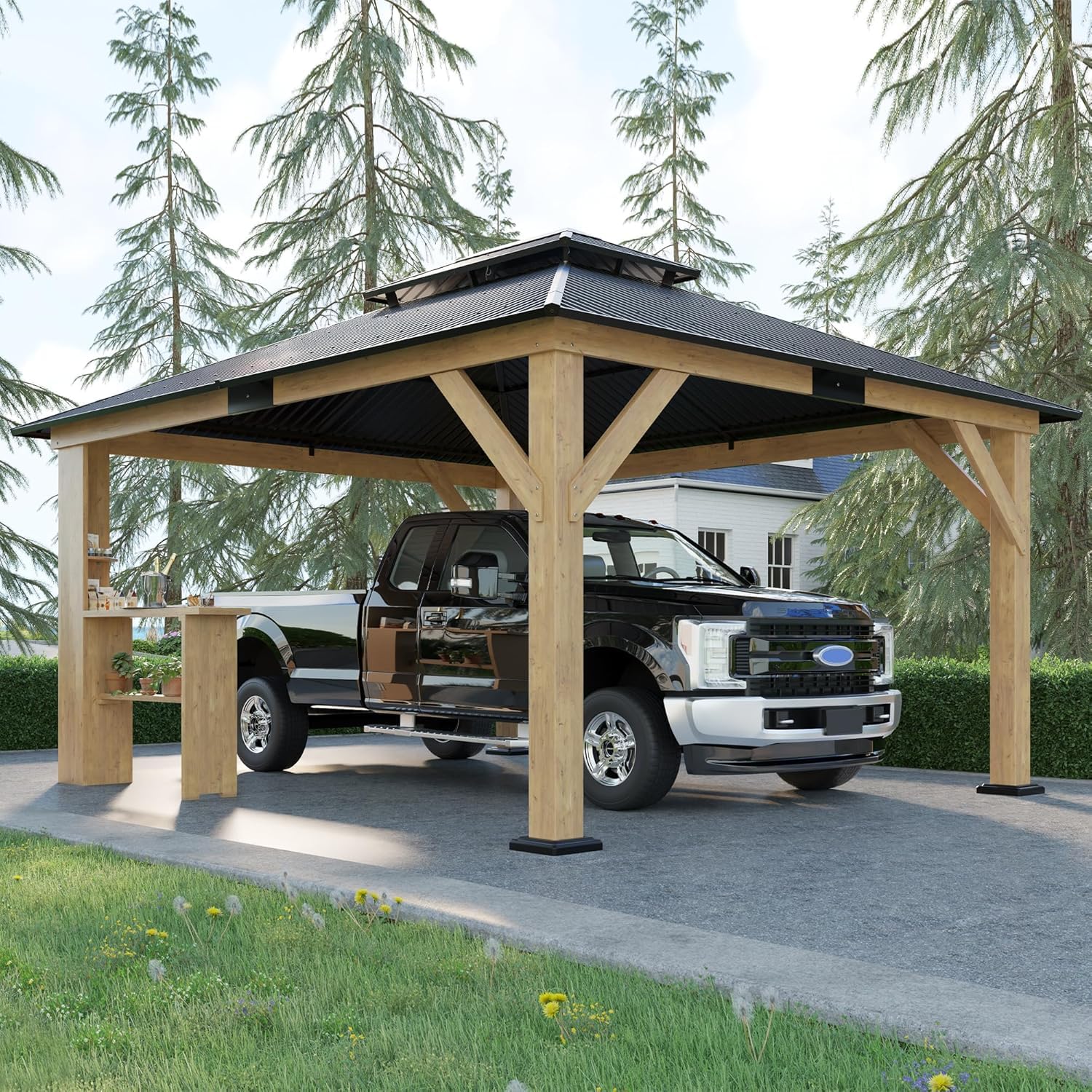 amerlife 13x15 spruce wood hardtop carport, outdoor gazebo with double metal roof & storage bar, paviloin with wood frame for patio, parties, garage, lawns (box 2/4)