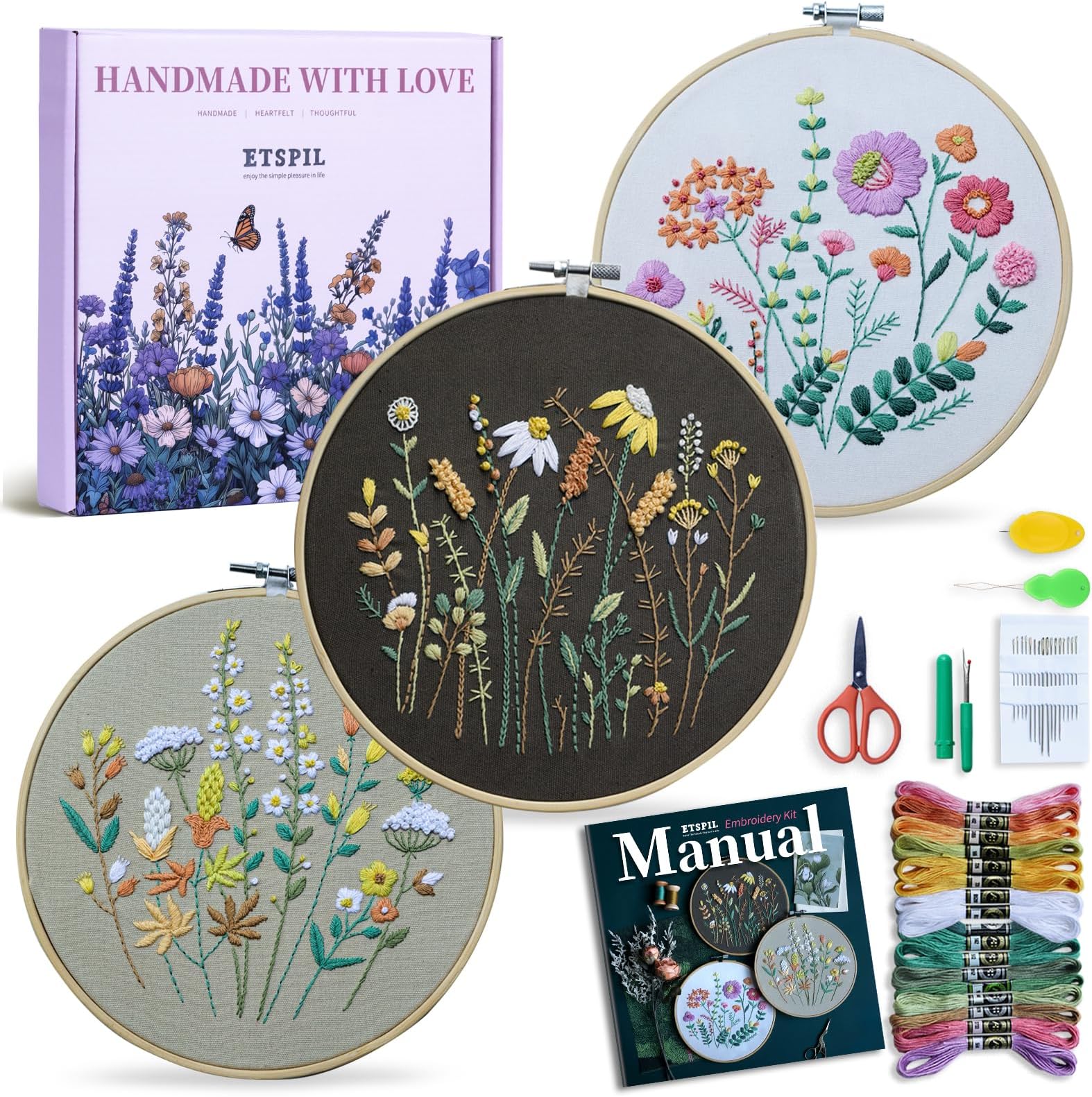 ETSPIL Beginner Embroidery Kits for Adults, 3-Pack Botanical Floral Designs, Master 11 Stitches with 4K Video Tutorials & Bound Guide,Craft Gift for Women
