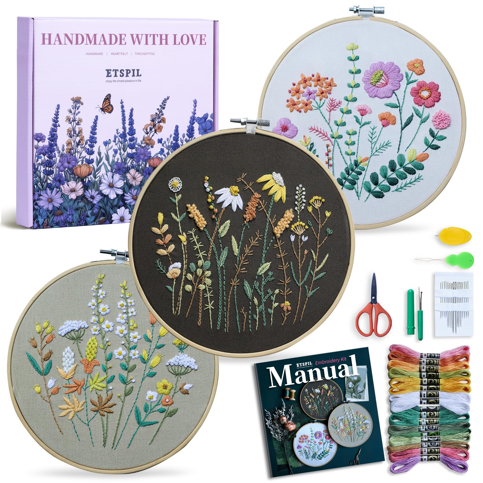 ETSPIL 3 Pack Beginner Embroidery Kits for Adults, DIY Starter Set with Stamped Flower Designs, Embroidery Hoop, Colorful Threads, Tools, Step-by-Step Instructions & Video Tutorial
