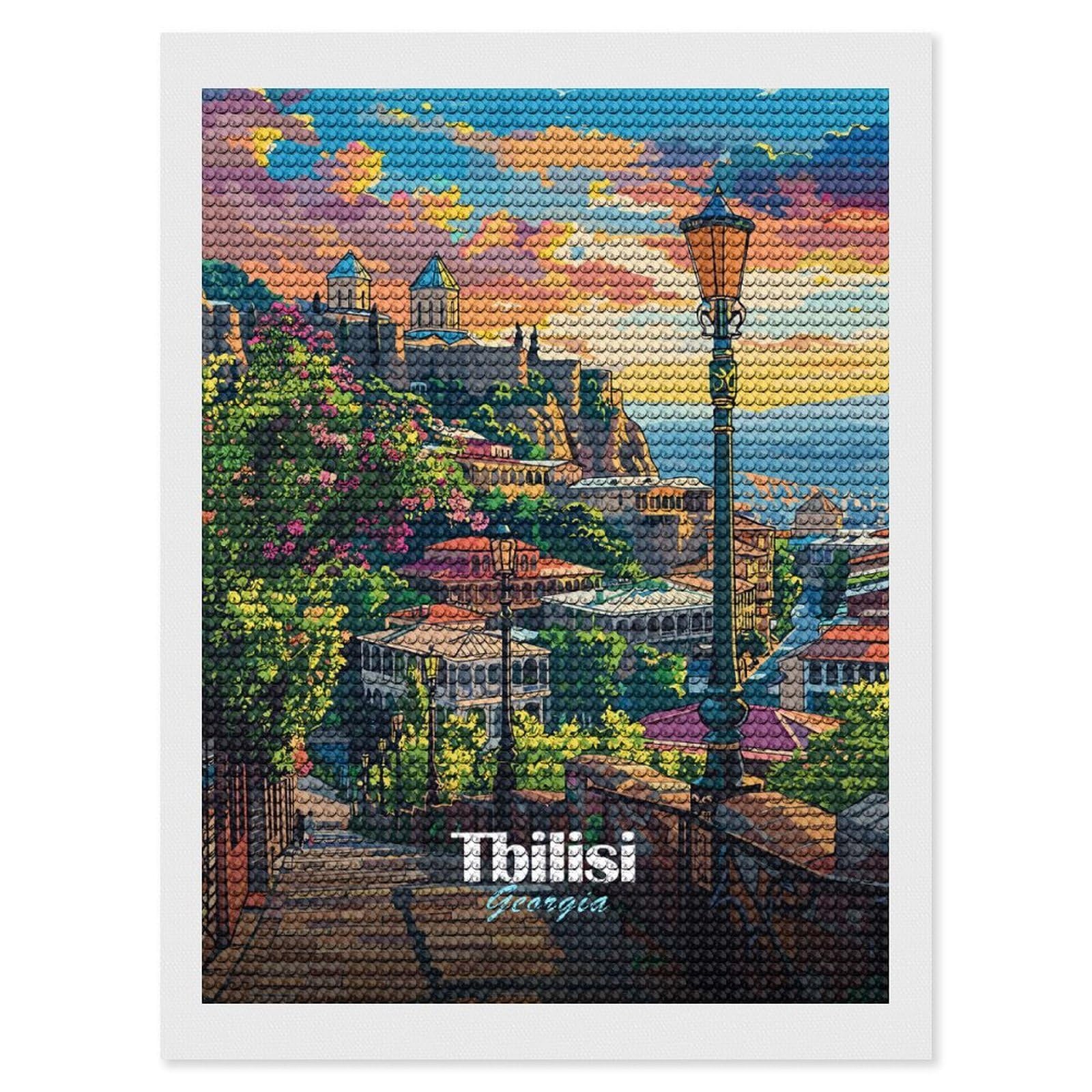 Junmoney Tbilisi, Georgia Cityscape Illustration Diamond Painting Canvas Set 12"x16", for Adults, Sparkling Round Gems, Thoughtful Handmade Gift, Modern Decor
