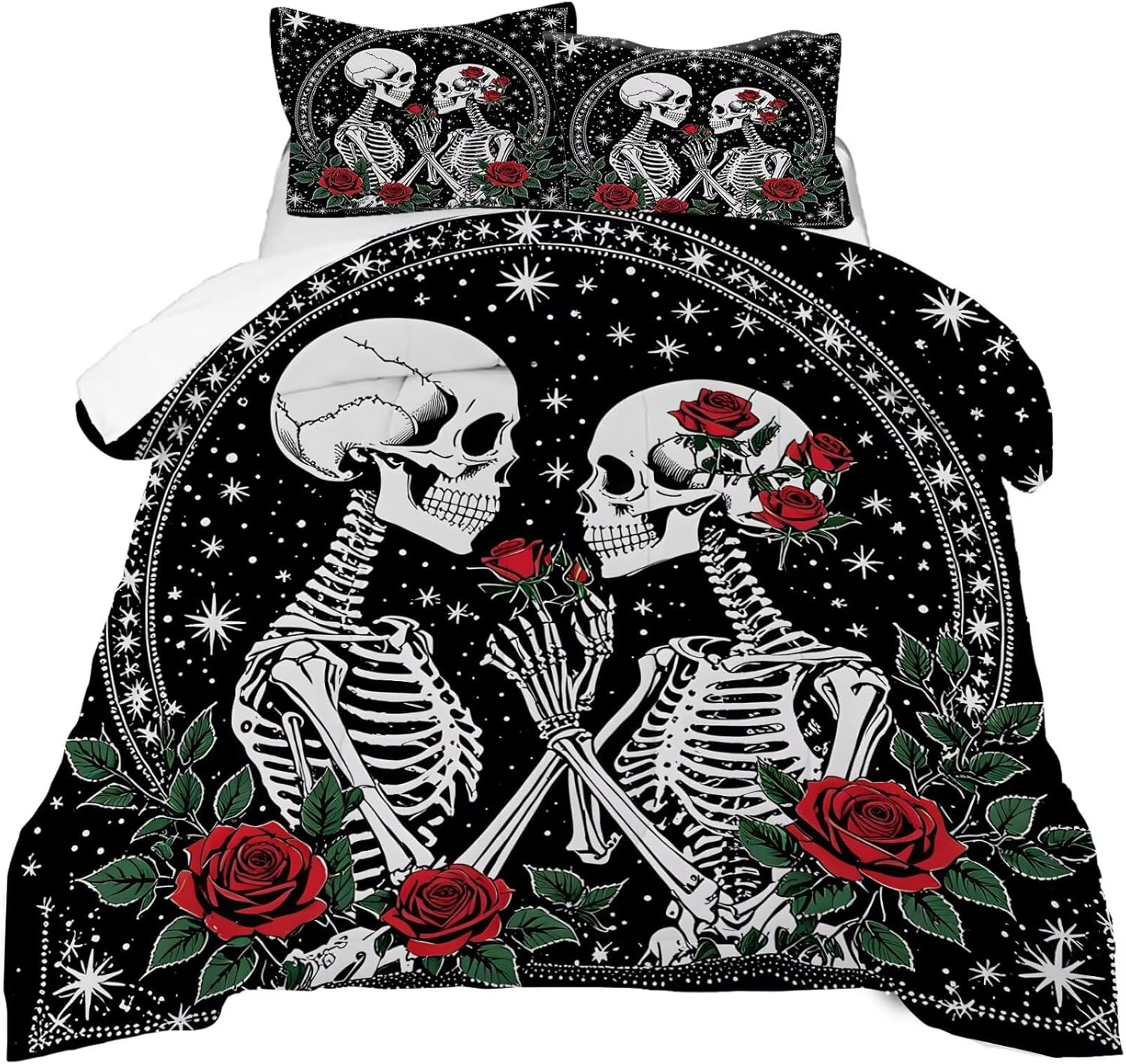 Red Rose Skull Bedding Set for Teens Adults Women Queen Size, 1 Comforter 2 Pillowcases, Black Goth Comforter Set Skeleton Quilt Halloween Room Decor - Image 8