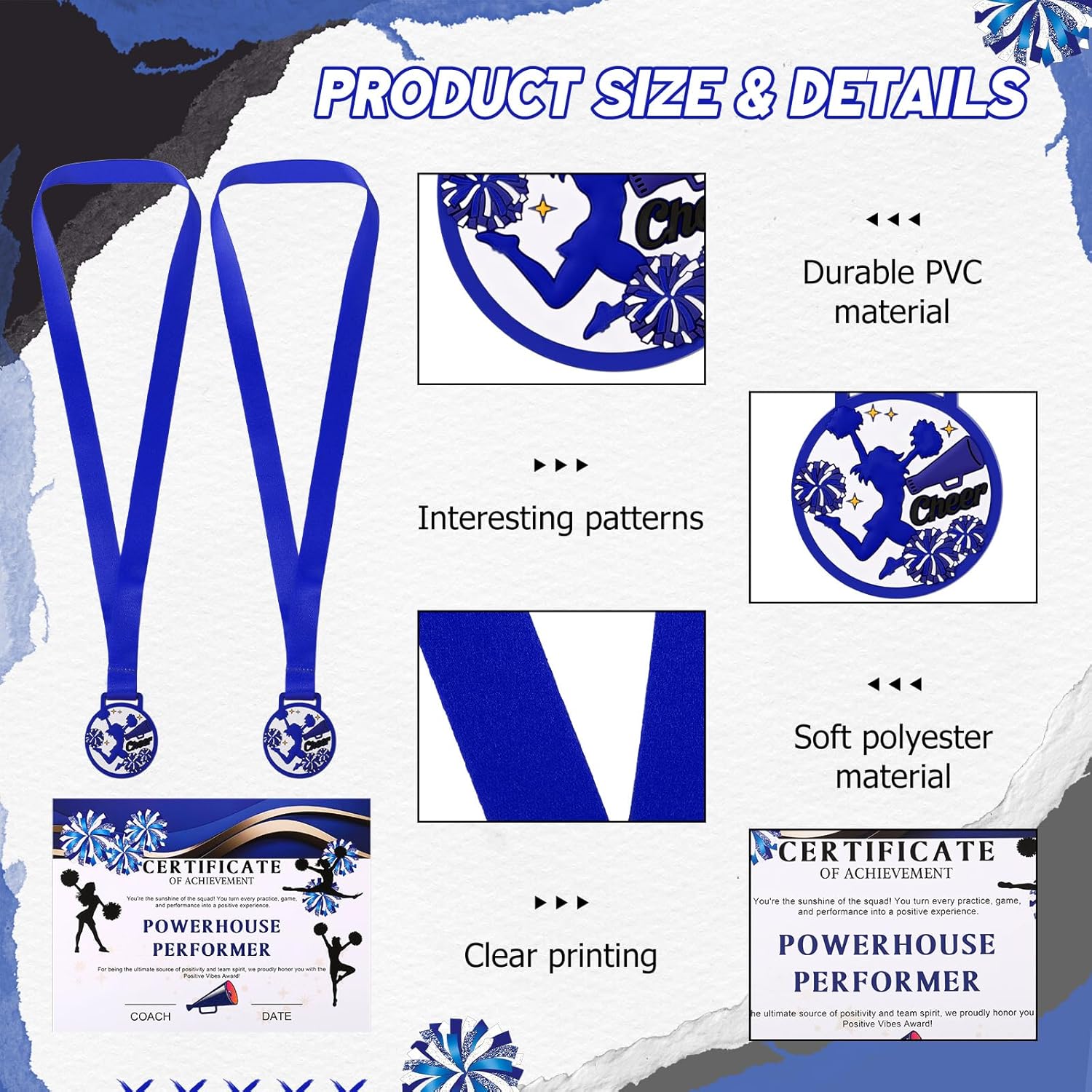 48 Pcs Cheer Team Gifts Bulk 24 Cheerleader Award Medals with 24 Certificates for Spirit Competition, End of Season Party Supplies