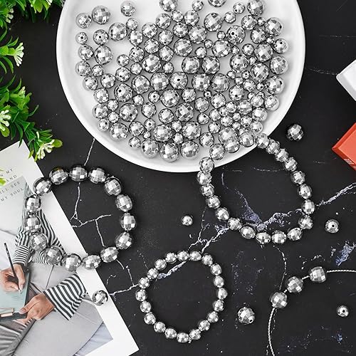Miniatura 3 de Whaline 160 cuentas de bola de discoteca de 4 tamaños, bola de espejo reflectante plateada de los años 70 y 80, accesorios de disfraces, trajes de