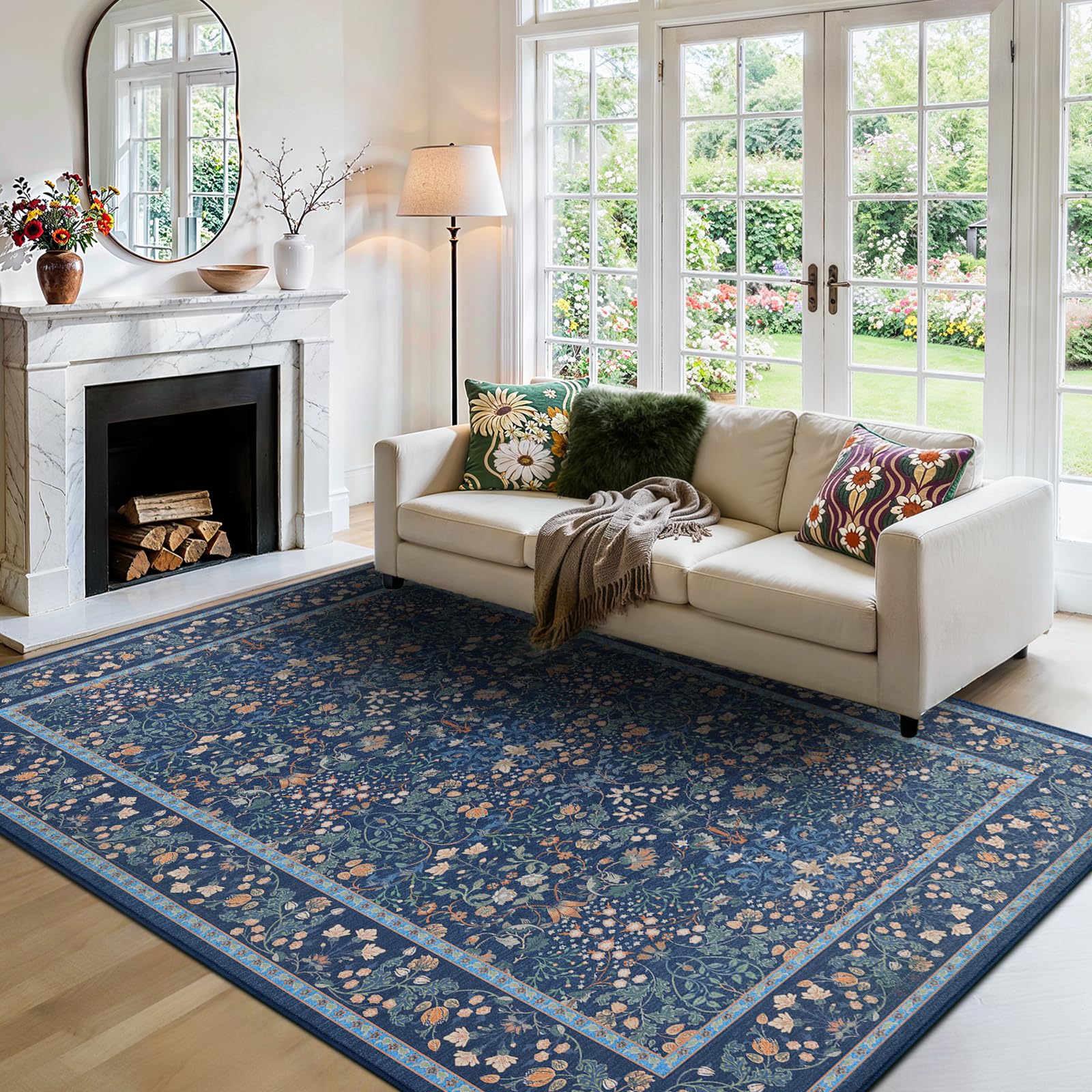 amada homefurnishing 6x9 area rugs, non-slip & low-profile living room rug with durable edge binding, soft large washable floral rug for living room, bedroom, dining room