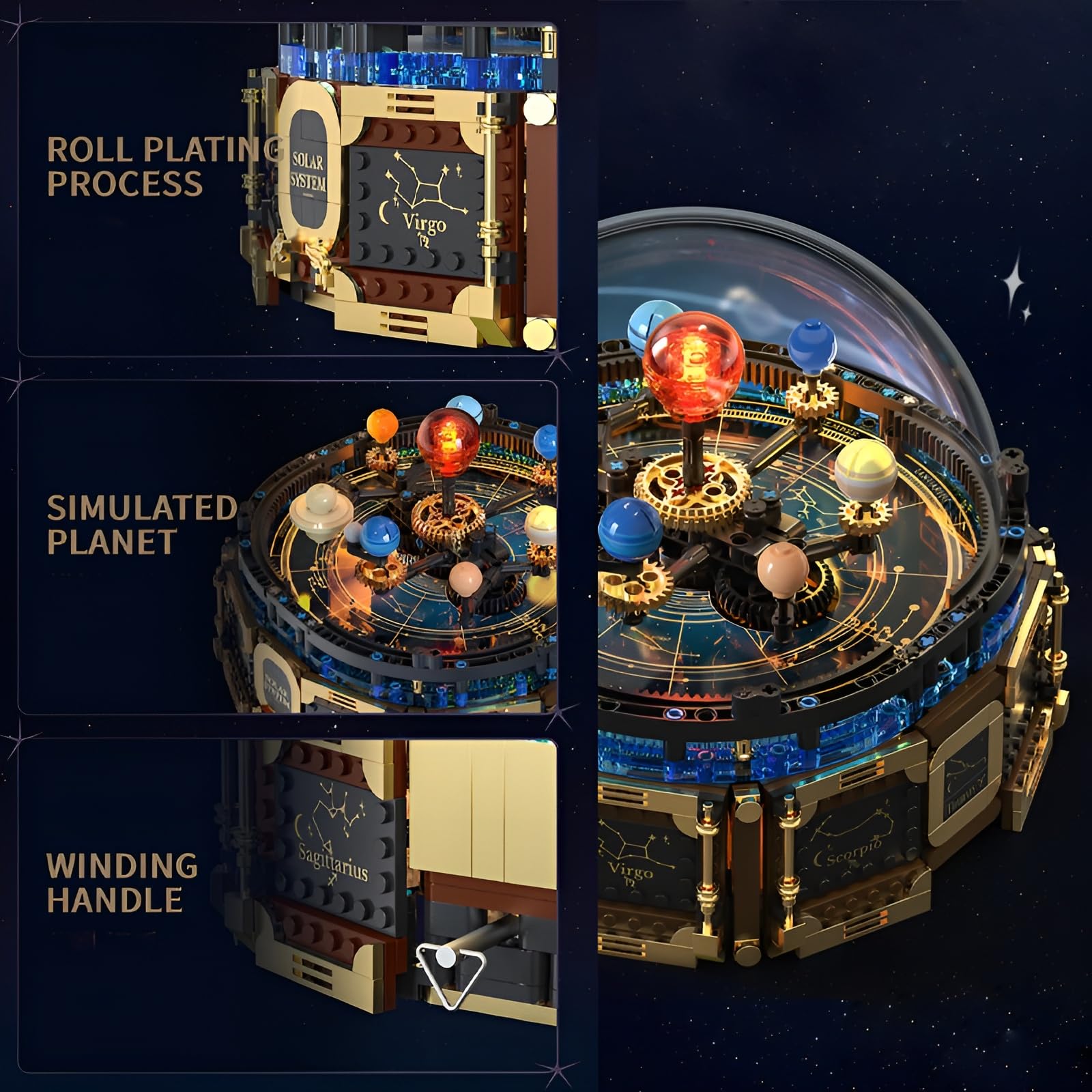 Technick Solar System Orrery Bausatz, 989Teile Rotierendes Planetenmodell mit Spieluhr, Astronomische Kuppelausstellung, Vintage Kosmische Deko, Kreative Geschenke für Weltraum-Enthusiasten