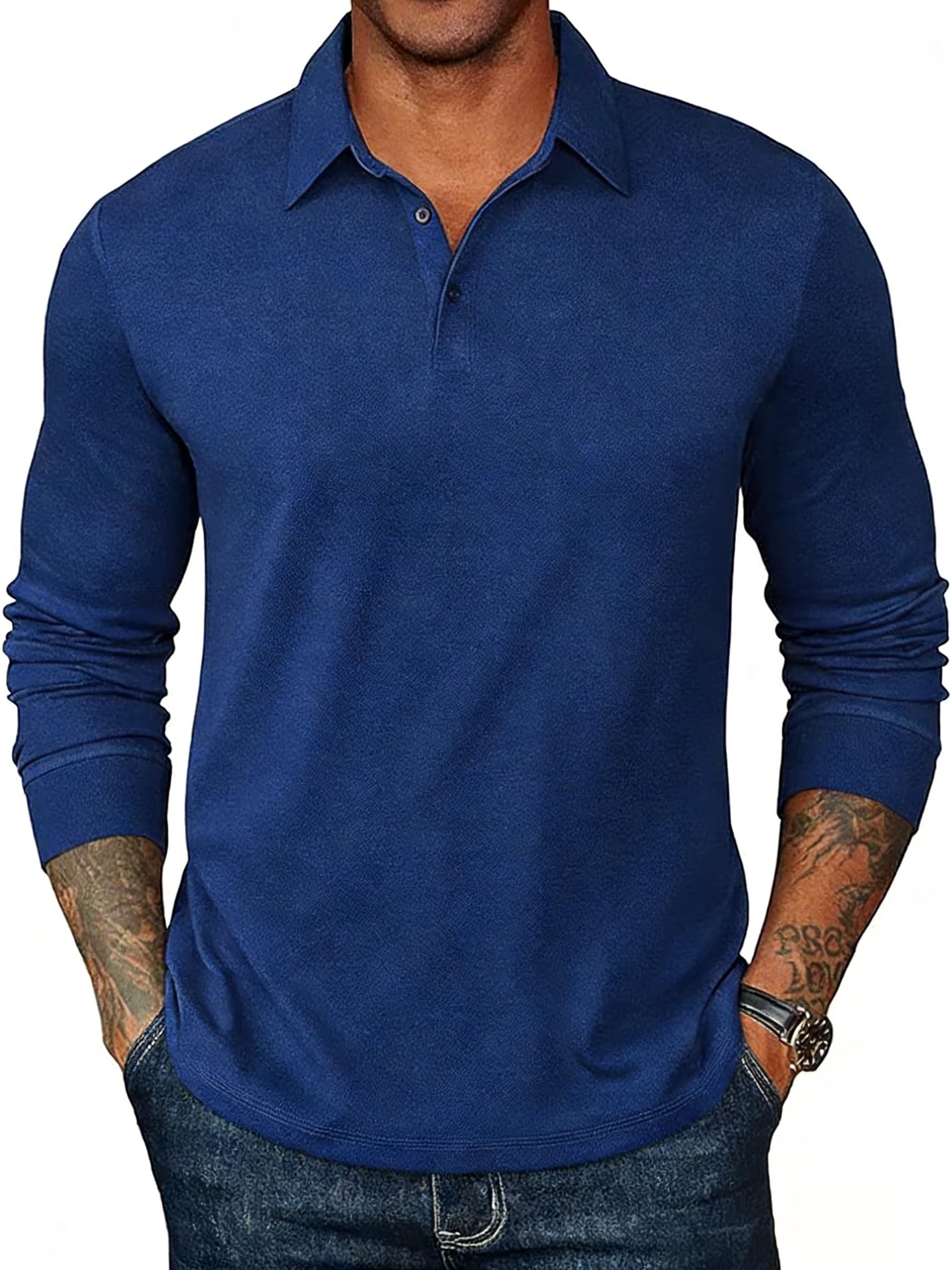 Camisa de golf de manga larga para hombre, absorbe la humedad, ajuste seco, rendimiento sólido, casual, piqué, polo de golf para hombre - 4