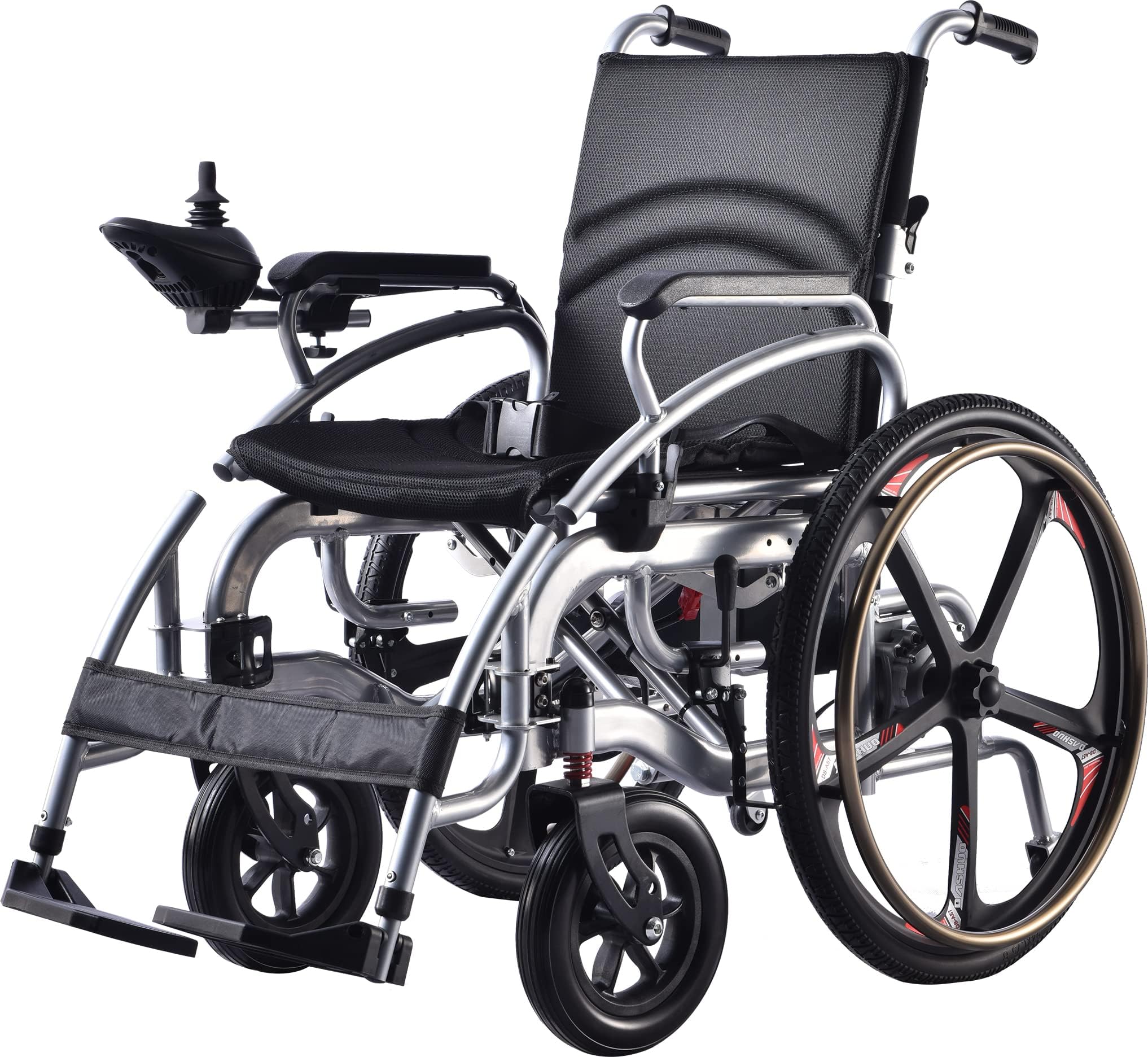 Portable Folding Electric Wheelchair - 24" Mag Alloy Rear Wheel, Shock Absorbing Front Wheel - Adult & Elderly Friendly - Black