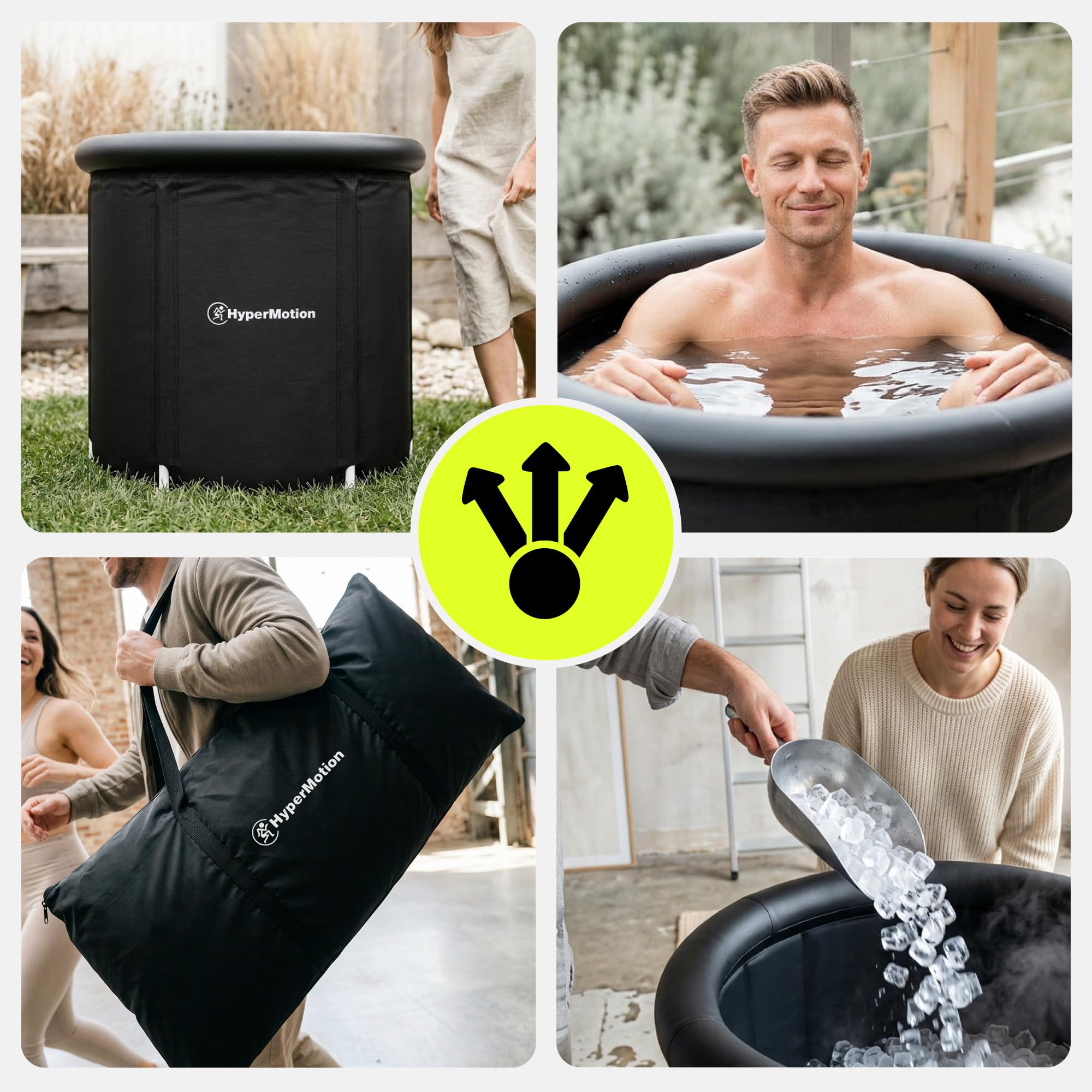 HyperMotion Bañera Morsada 330 L Plegable Cold Plunge Negra | Cuchara de hielo portátil con tapa aislante térmica, bomba, bolsa de transporte, desagüe y cojín de asiento