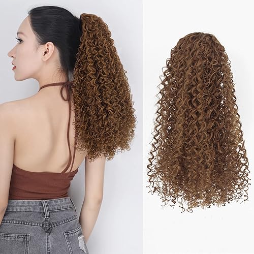 Miniatura 9 de Cola de caballo rizada y ondulada con cordón, color rubio oscuro, pieza de cabello sintético natural, con clip, extensiones de cola de caballo