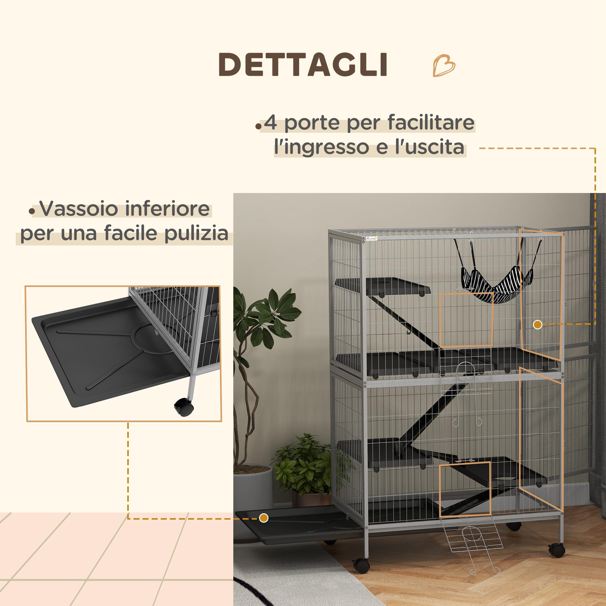 PawHut Gabbia per Animali Piccoli con 4 Ingressi a Livelli Multipli con Amaca, Gabbietta per Roditori, Furetti, Cincillà in Metallo e PP, 80x52x128 cm, Argento e Grigio