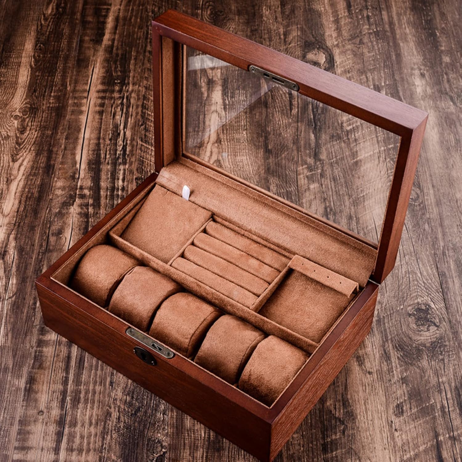 MARURY Wooden Watch Jewelry Box with Lock Vintage Glass Storage Box Double Layer Jewelry Storage Box Case Bracelet Necklace Ring Ornament Gift