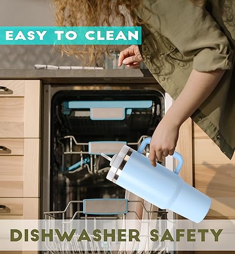 Miniatura 4 de Vaso de 40 onzas con asa y tapa con pajilla, taza de viaje de acero inoxidable, botella de agua, reutilizable, aislada al vacío, a prueba de