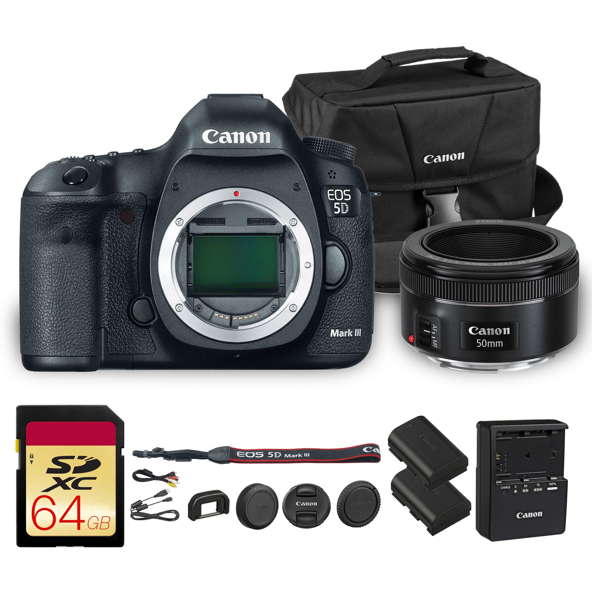Canon EOS 5D Mark III DSLR Camera | 22.3MP Full-Frame CMOS Sensor, DIGIC 5+ Processor & Full HD Video | for Weddings, Portraits & Events (5260B002) + Canon EF 50mm f/1.8 STM Lens + 64GB Card + More