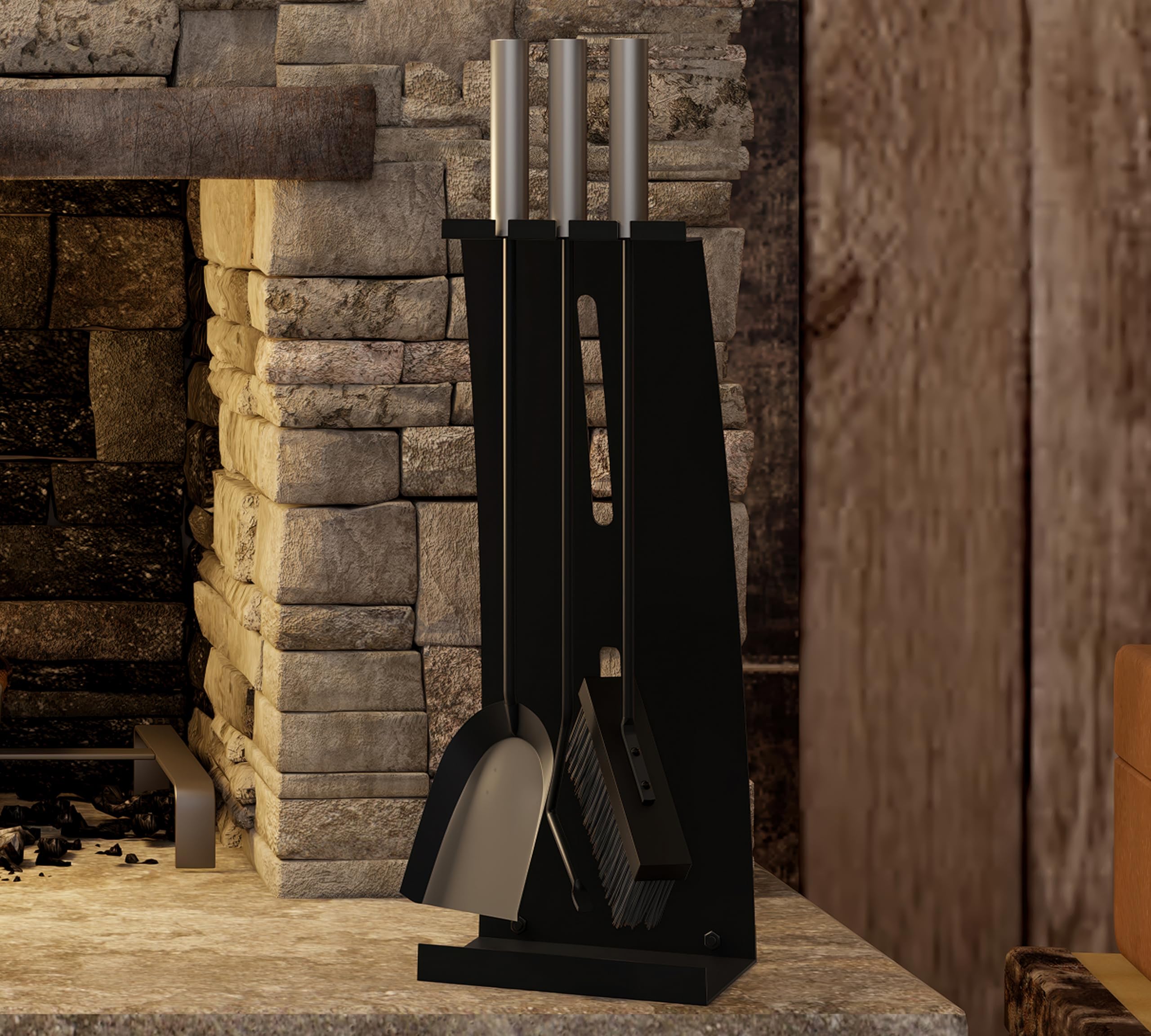 Kingson - Juego de 4 utensilios para chimenea con mangos de acero inoxidable – Juego moderno de accesorios para chimenea con soporte – Altura de 54,5 cm