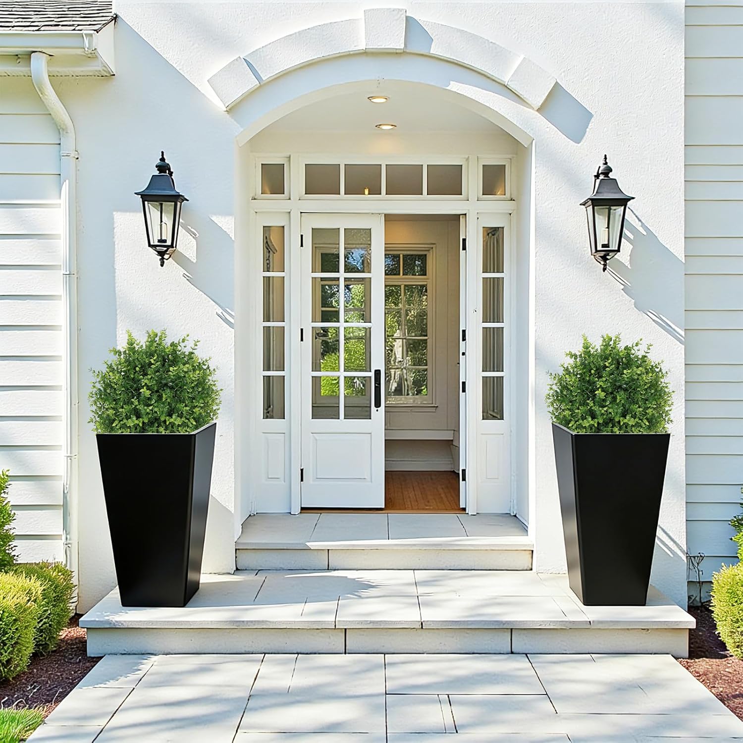 THE BLOOM TIMES Artificial Outdoor Eucalyptus Plants, UV Resistant Fake Bushes & Shrubs with Ground Spike, Faux Topiary for Front Porch Outside Planter Decor Set of 2, Overall 24"