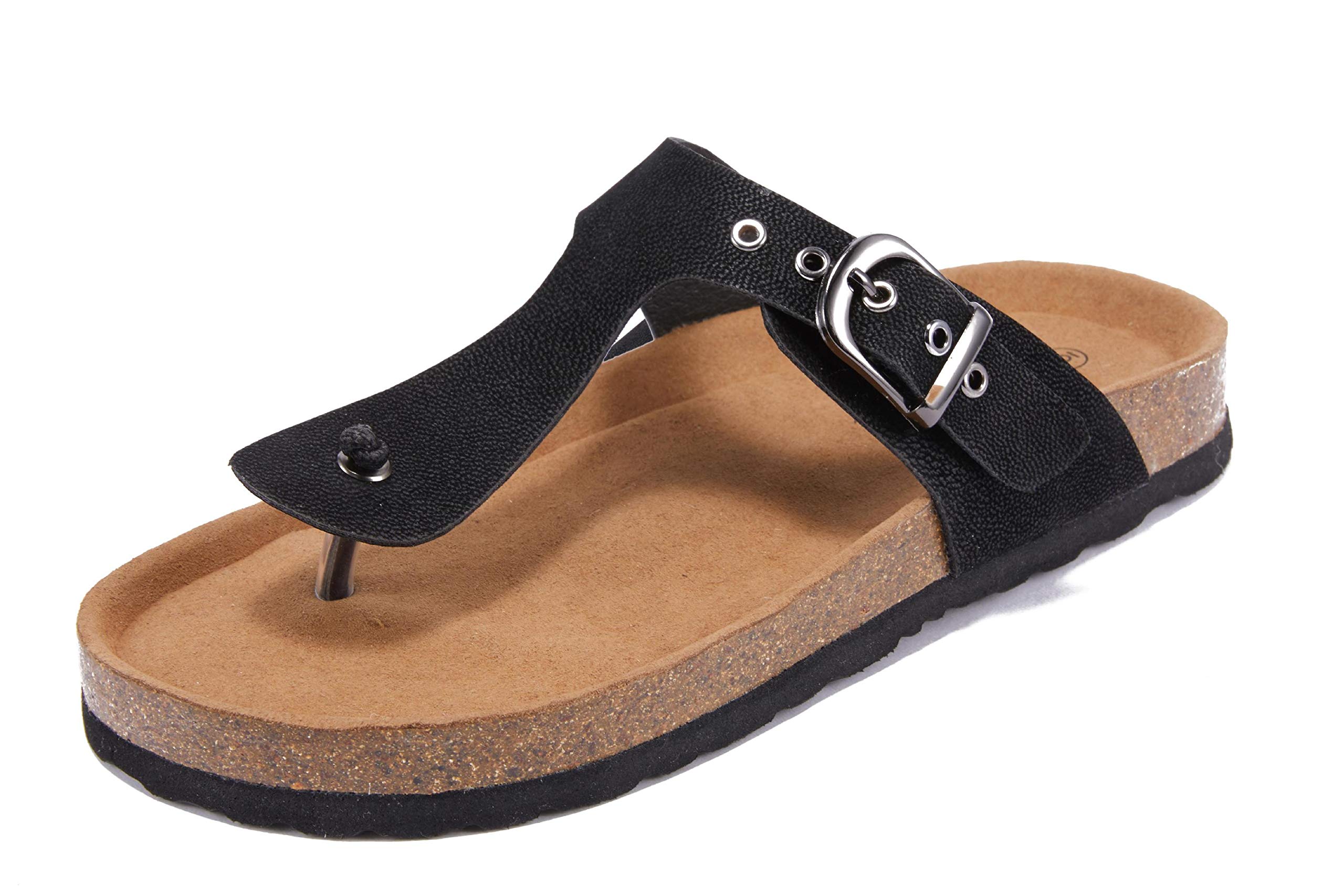 Ruanyu Womens Thong Sandals Slip-On Flats Adjustable T Strap Buckle Footbed Flip-Flop Cork Shoes