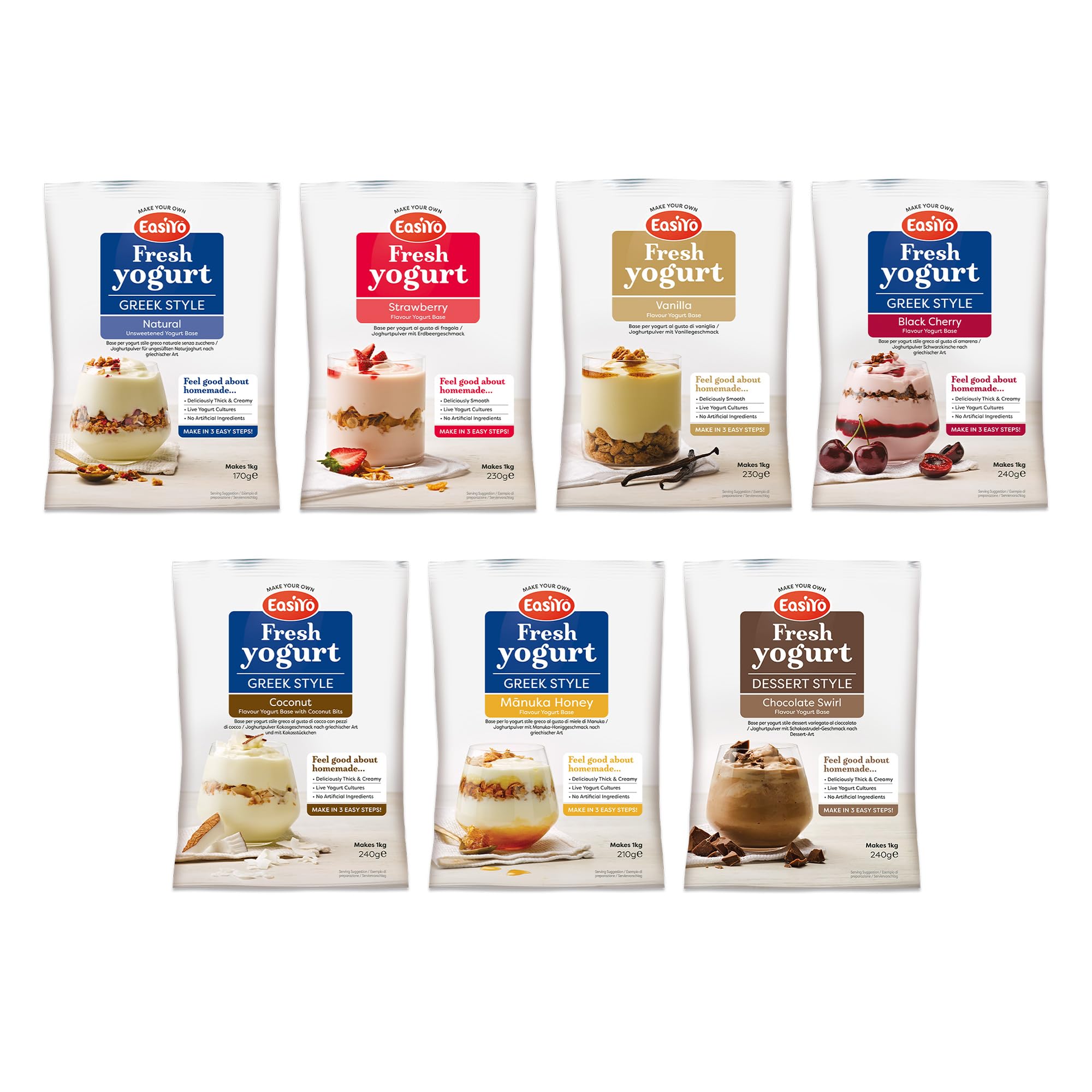 Yogurt 7 Sachet Pack | EasiYo Mixed Pack | 1x Vanilla 1 x Strawberry 1 x G/S Natural 1 x G/S Coconut & bits 1 x G/S Black Cherry 1 x Chocolate 1x Manuka Honey | Each Sachet Makes 1kg of Yogurt