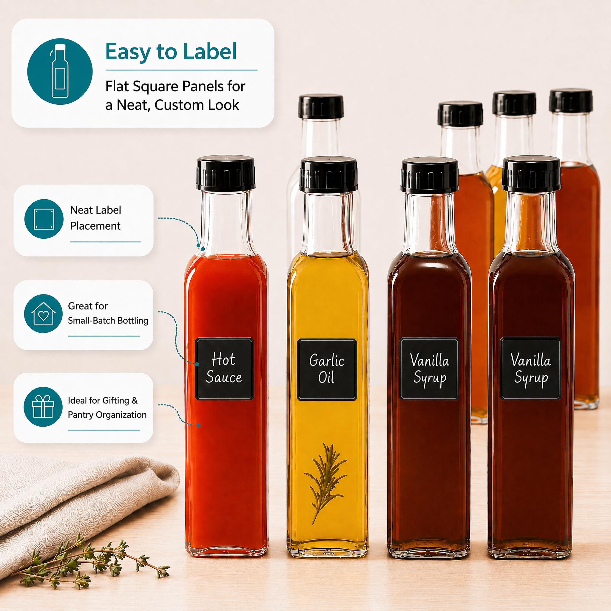 Kingrol Paquete de 18 botellas Quadra de 8.5 onzas con tapas de rosca a prueba de fugas, botellas de salsa picante, botellas cuadradas de vidrio para aceite, vinagre, jarabe, aderezo para ensaladas