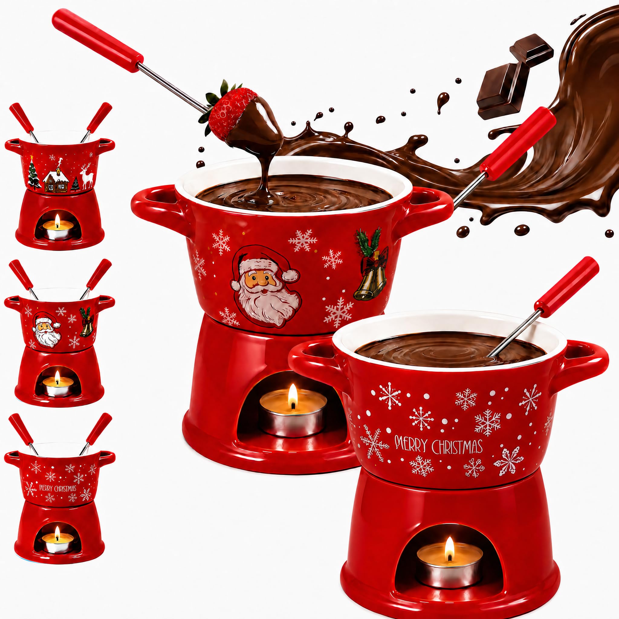 Christmas Ceramic Chocolate Fondue Mug with Fork, Ceramic Melting Cup (Style B+Style C)