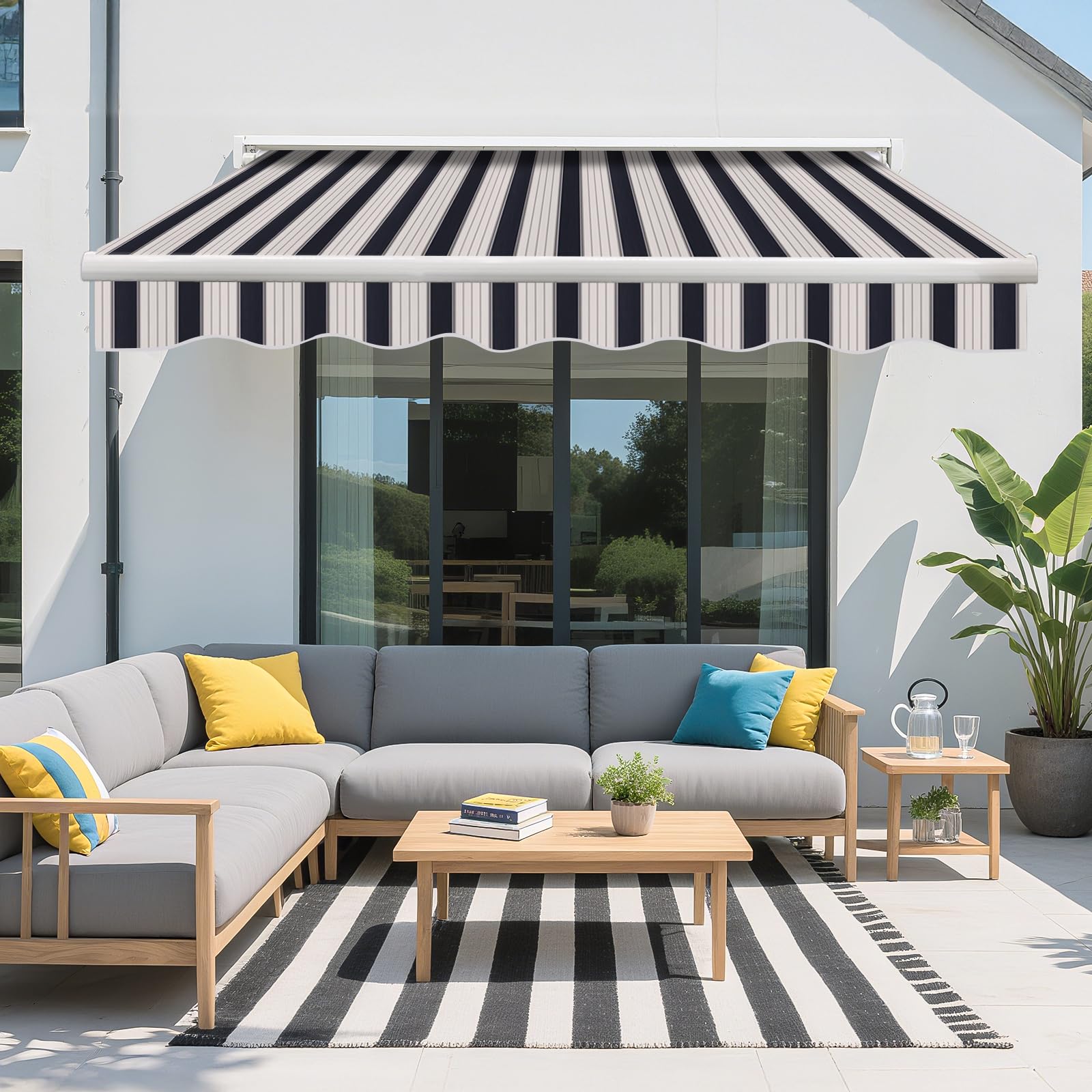 Green Bay 2 x 1.5m DIY Patio Retractable Manual Awning Garden Sun Shade Canopy Gazebo Blue-White with Fittings and Crank Handle — image 1